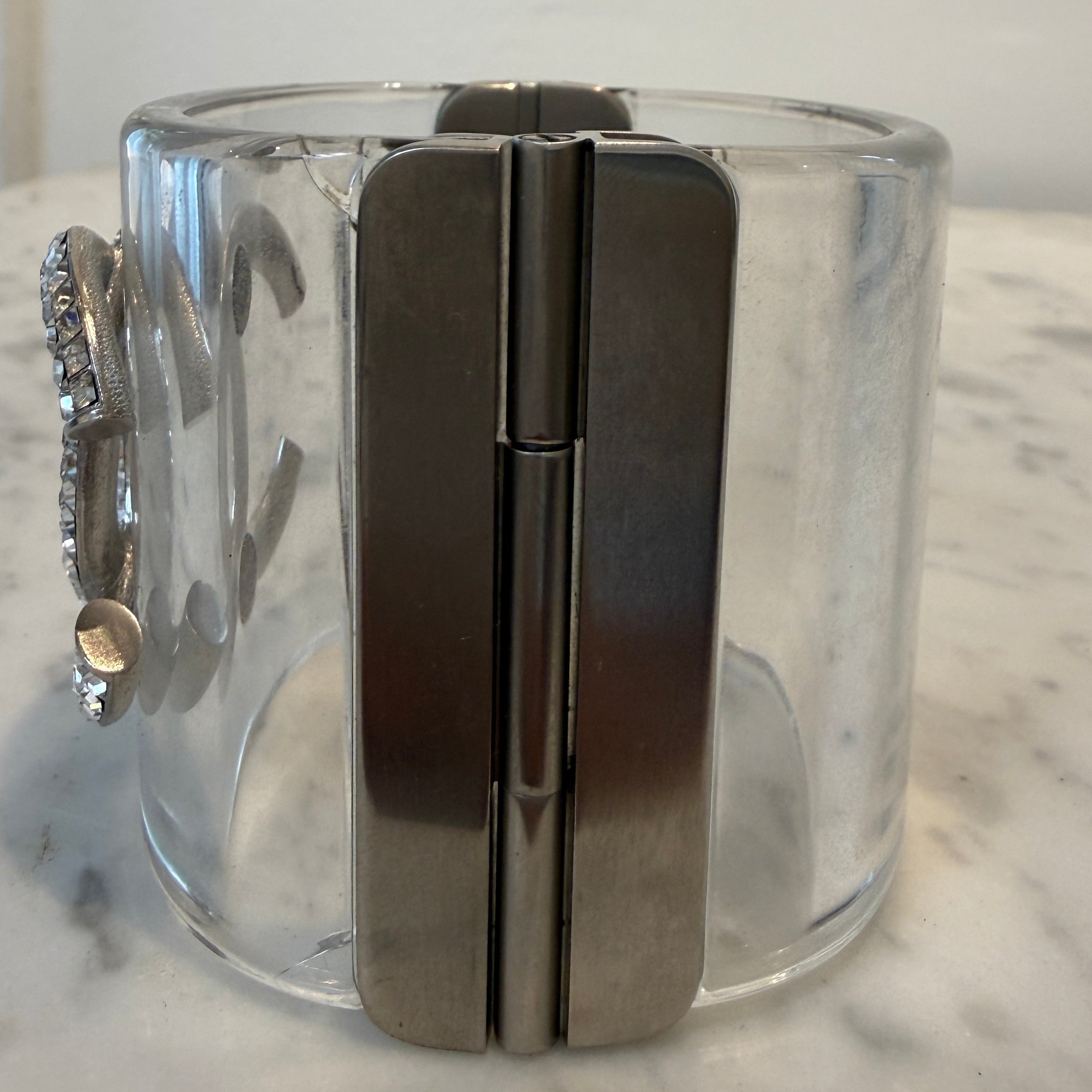 Chanel CC Crystal Studded Clear Lucite Hinged Wide Cuff Bracelet