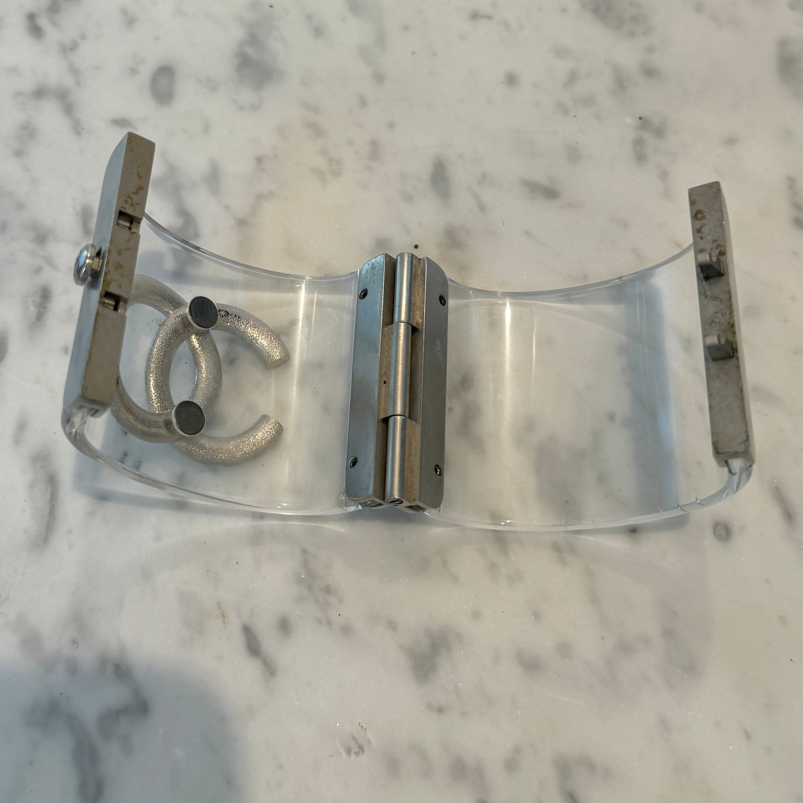 Chanel CC Crystal Studded Clear Lucite Hinged Wide Cuff Bracelet