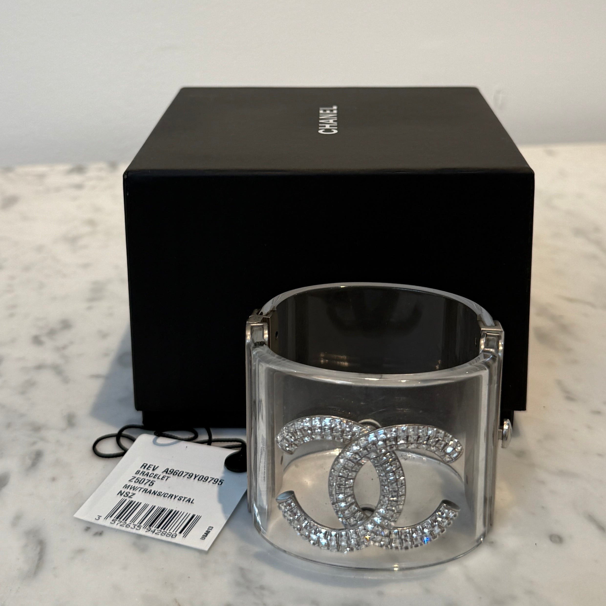 Chanel CC Crystal Studded Clear Lucite Hinged Wide Cuff Bracelet