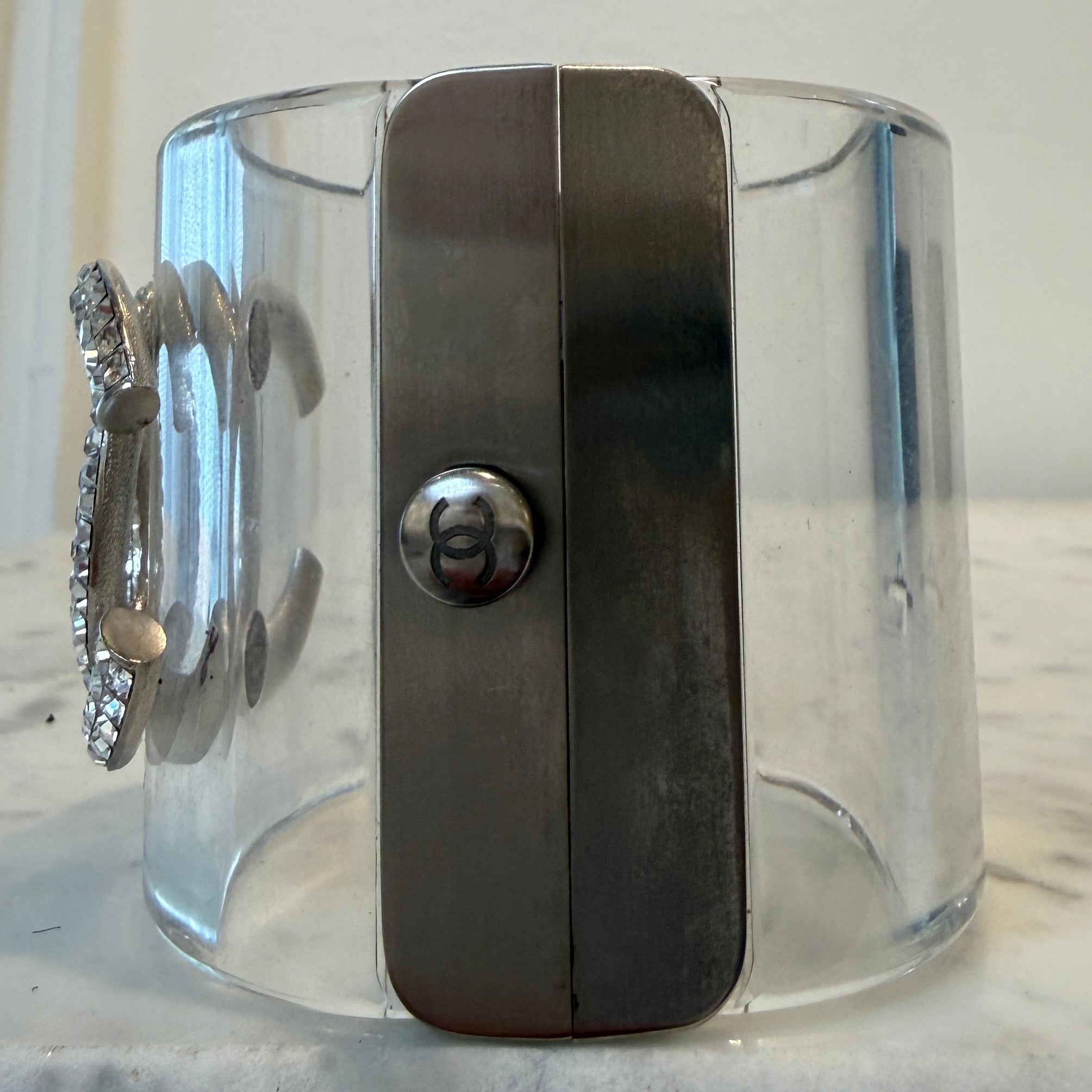 Chanel CC Crystal Studded Clear Lucite Hinged Wide Cuff Bracelet