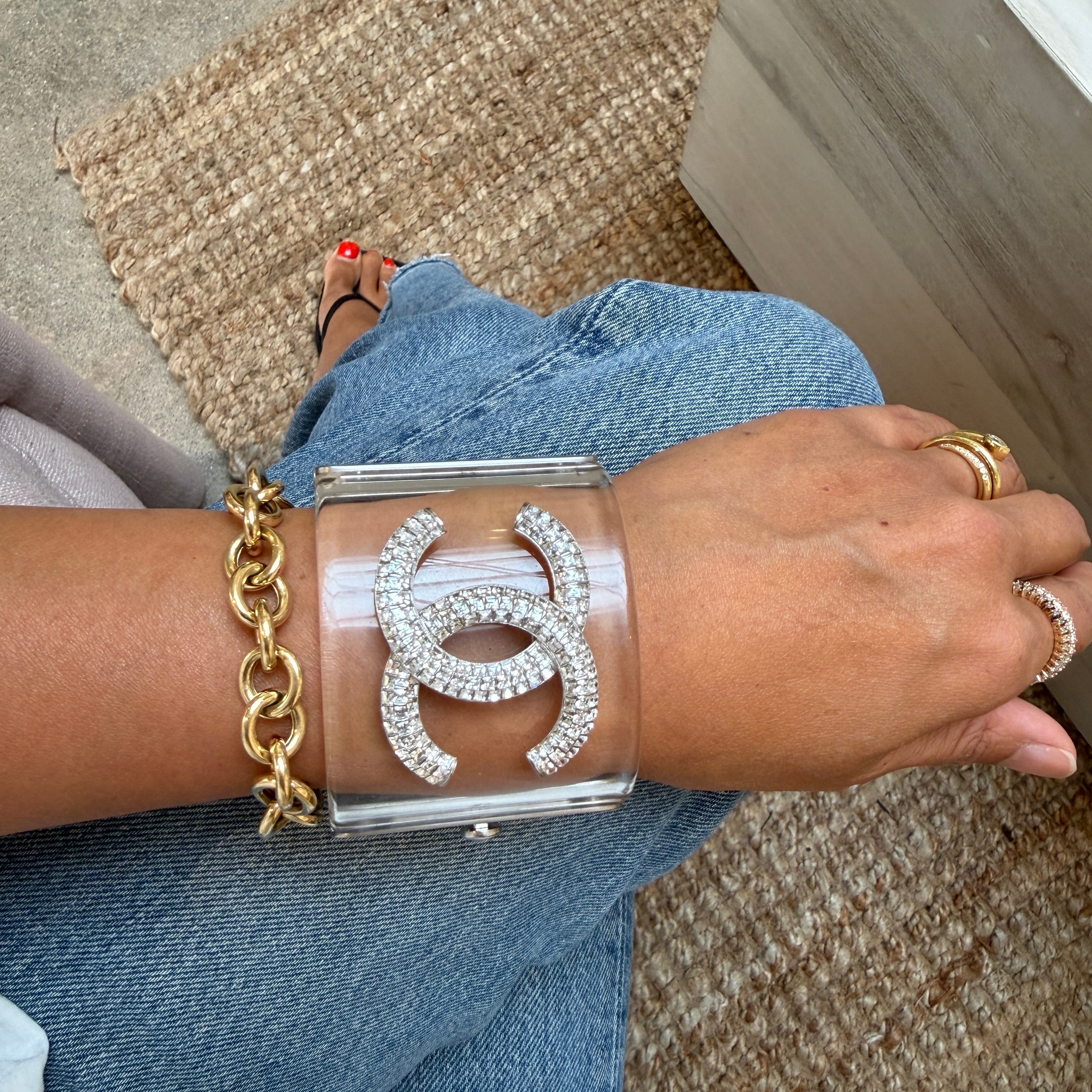 Chanel CC Crystal Studded Clear Lucite Hinged Wide Cuff Bracelet