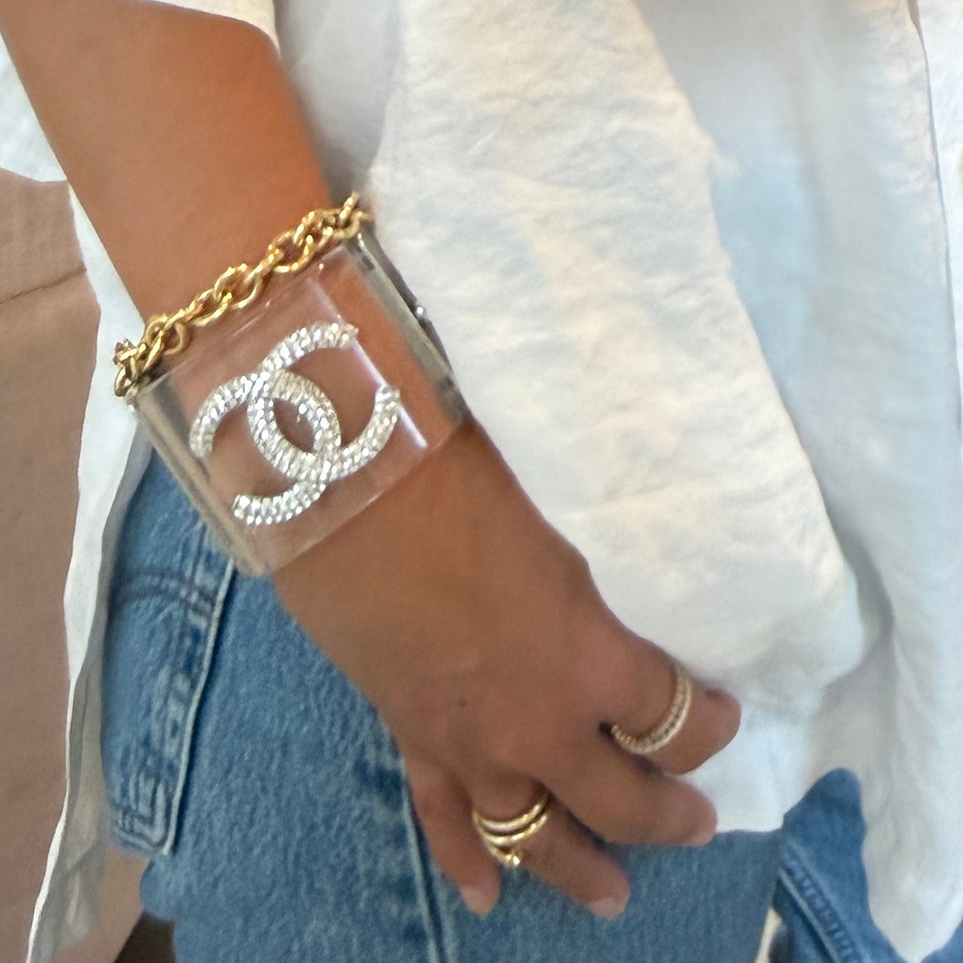 Chanel CC Crystal Studded Clear Lucite Hinged Wide Cuff Bracelet