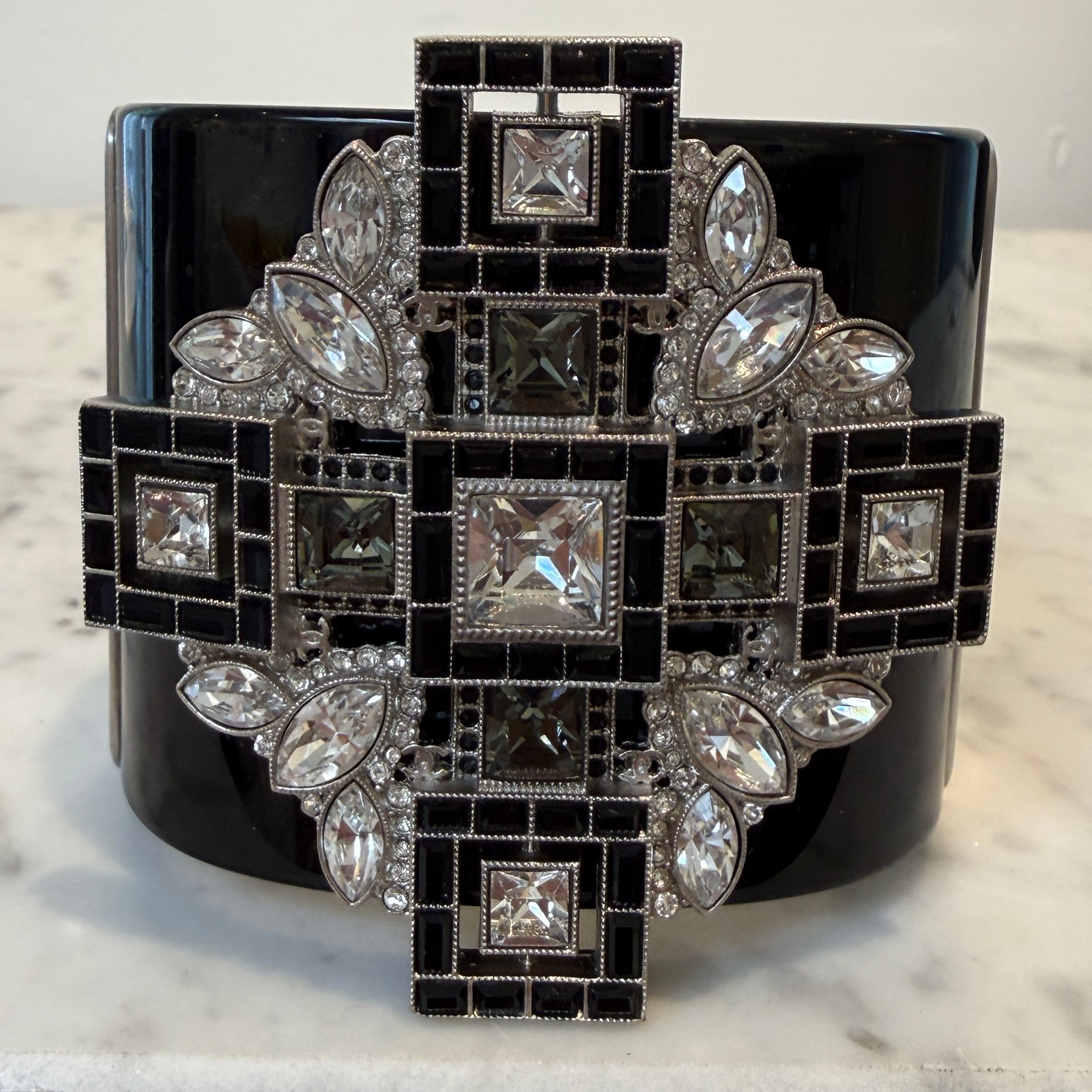 Chanel Black Resin & Crystal Art Deco Cross Hinged Cuff Bracelet