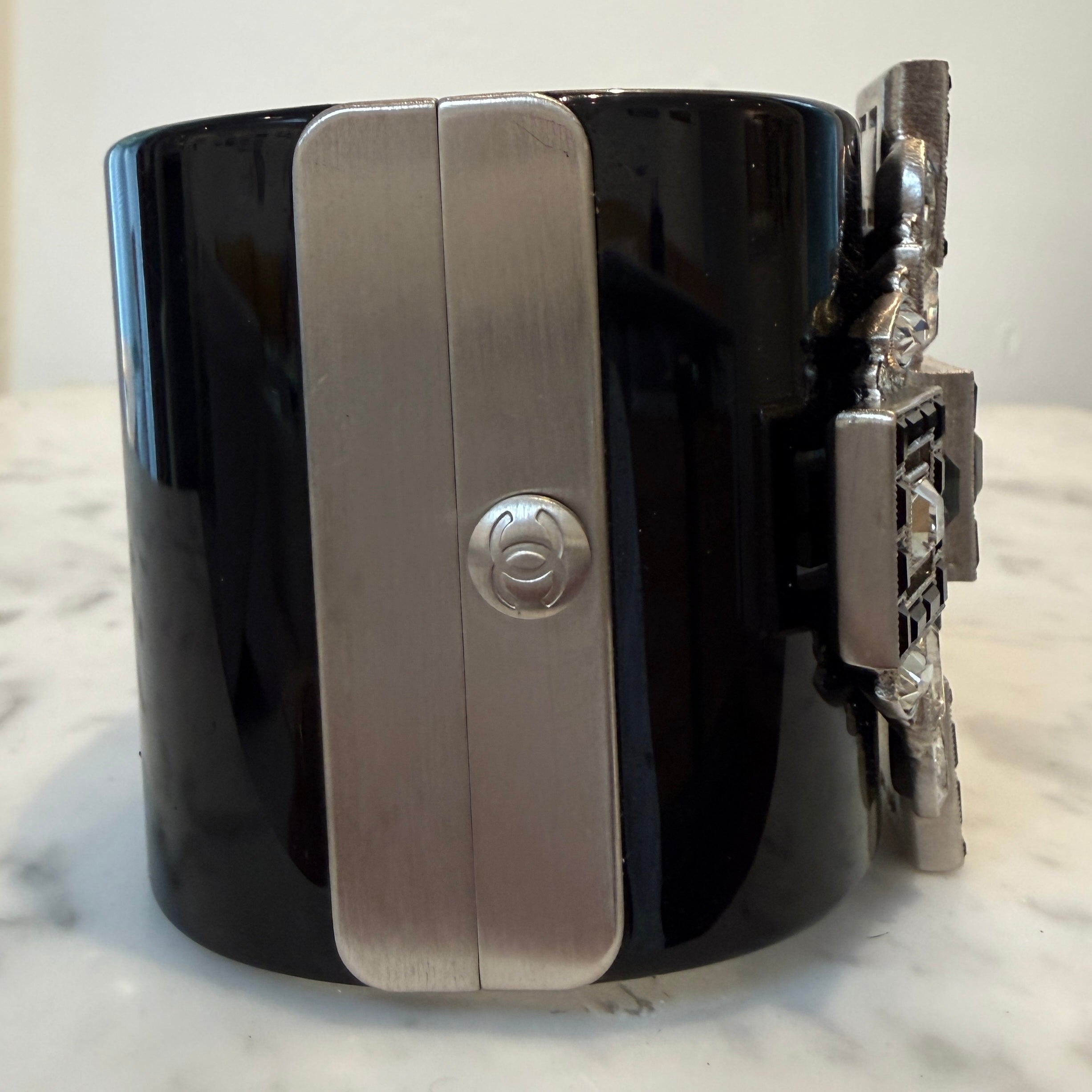 Chanel Black Resin & Crystal Art Deco Cross Hinged Cuff Bracelet