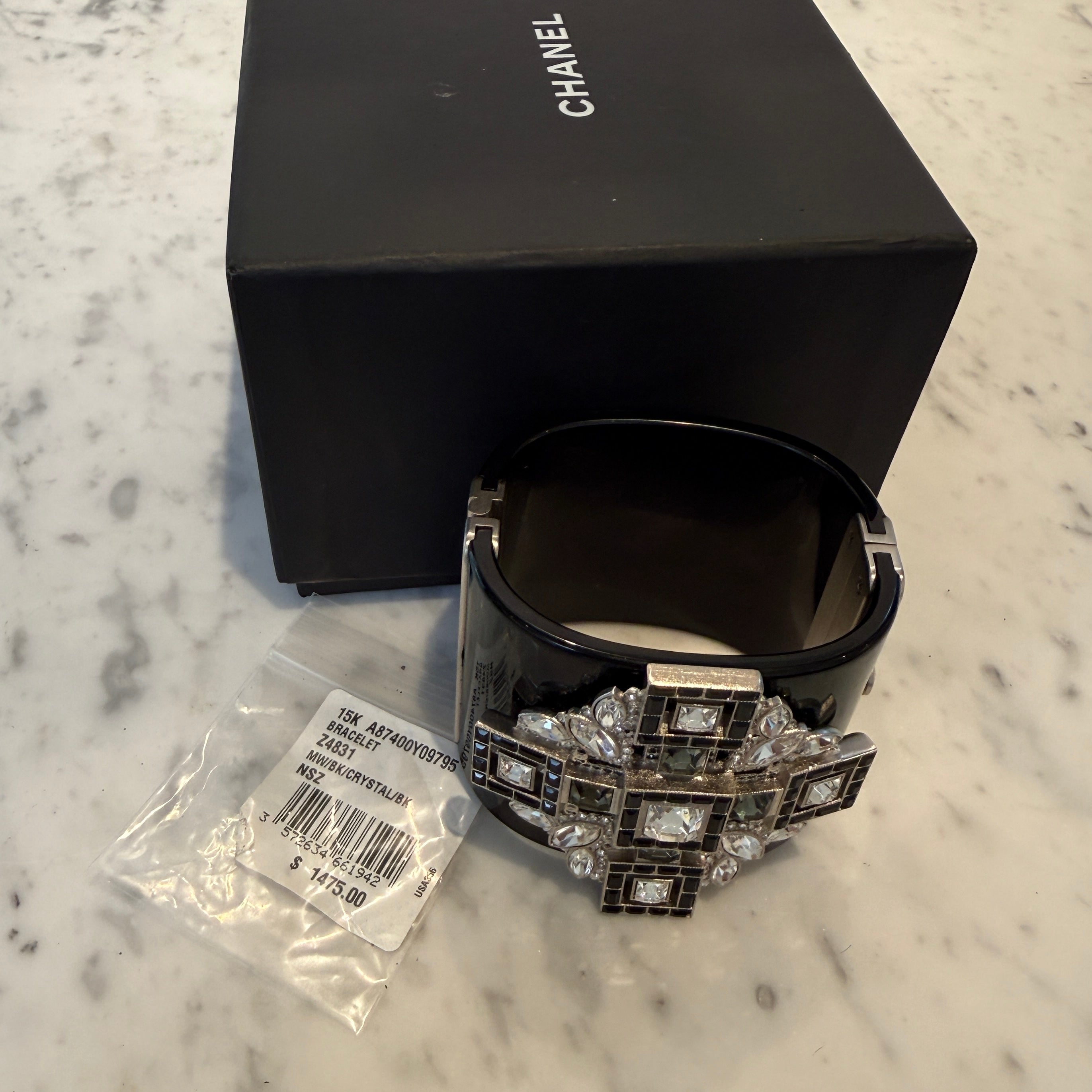Chanel Black Resin & Crystal Art Deco Cross Hinged Cuff Bracelet