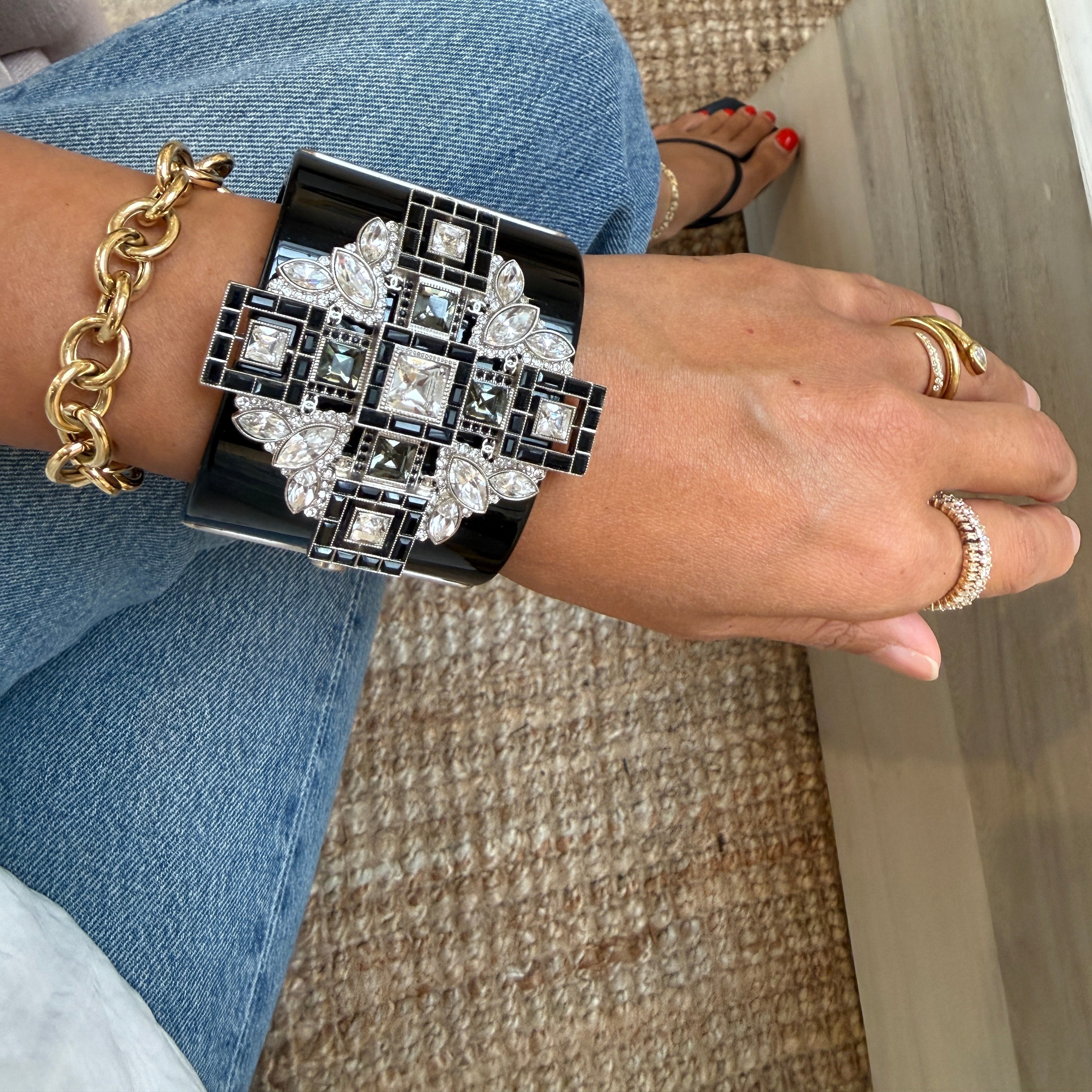 Chanel Black Resin & Crystal Art Deco Cross Hinged Cuff Bracelet