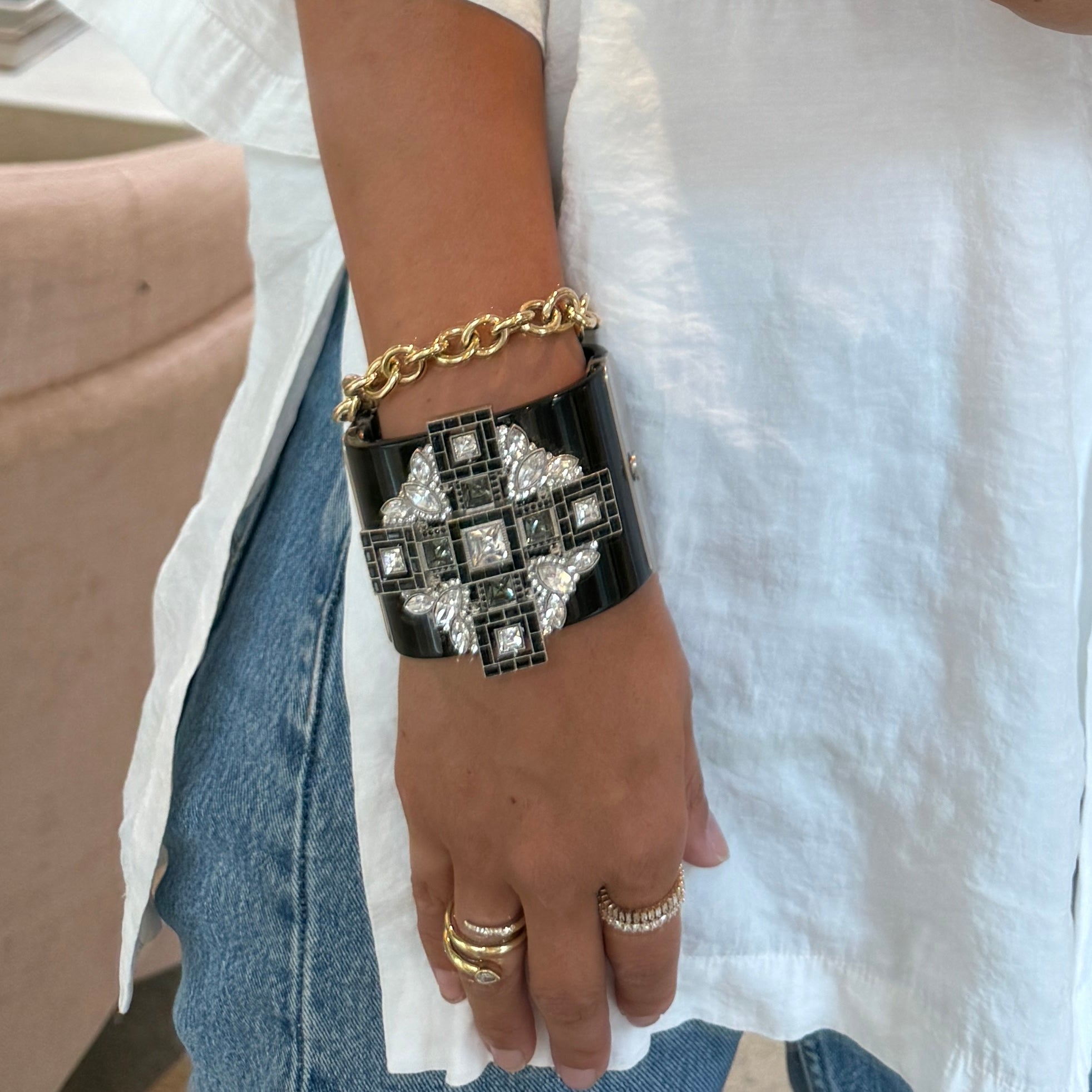 Chanel Black Resin & Crystal Art Deco Cross Hinged Cuff Bracelet