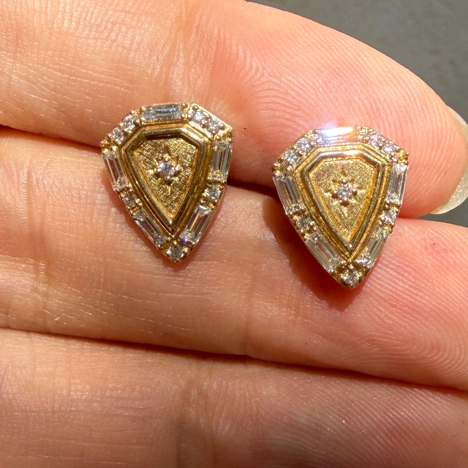 Sorellina Empress Diamond Shield Studs in 18k Yellow Gold