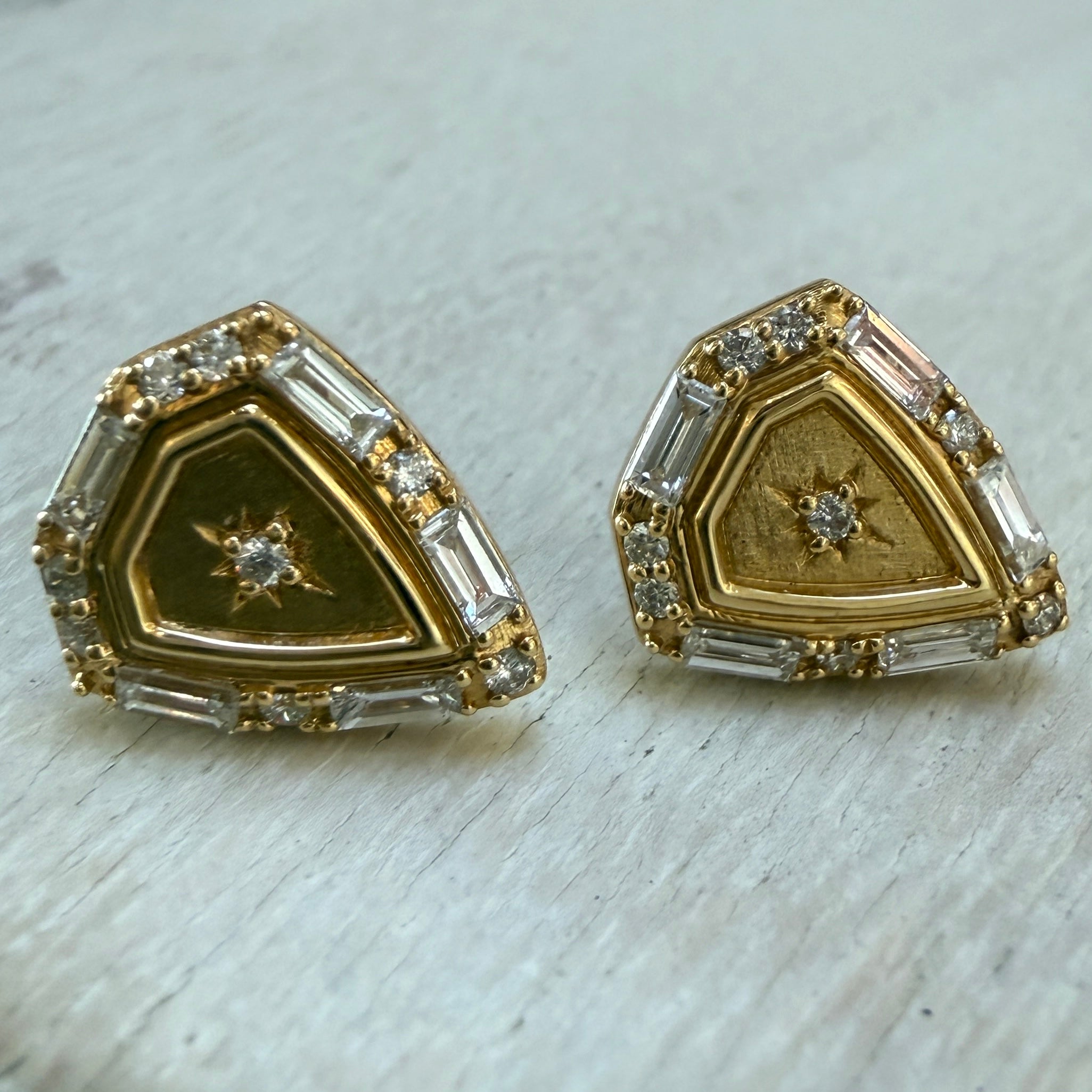 Sorellina Empress Diamond Shield Studs in 18k Yellow Gold