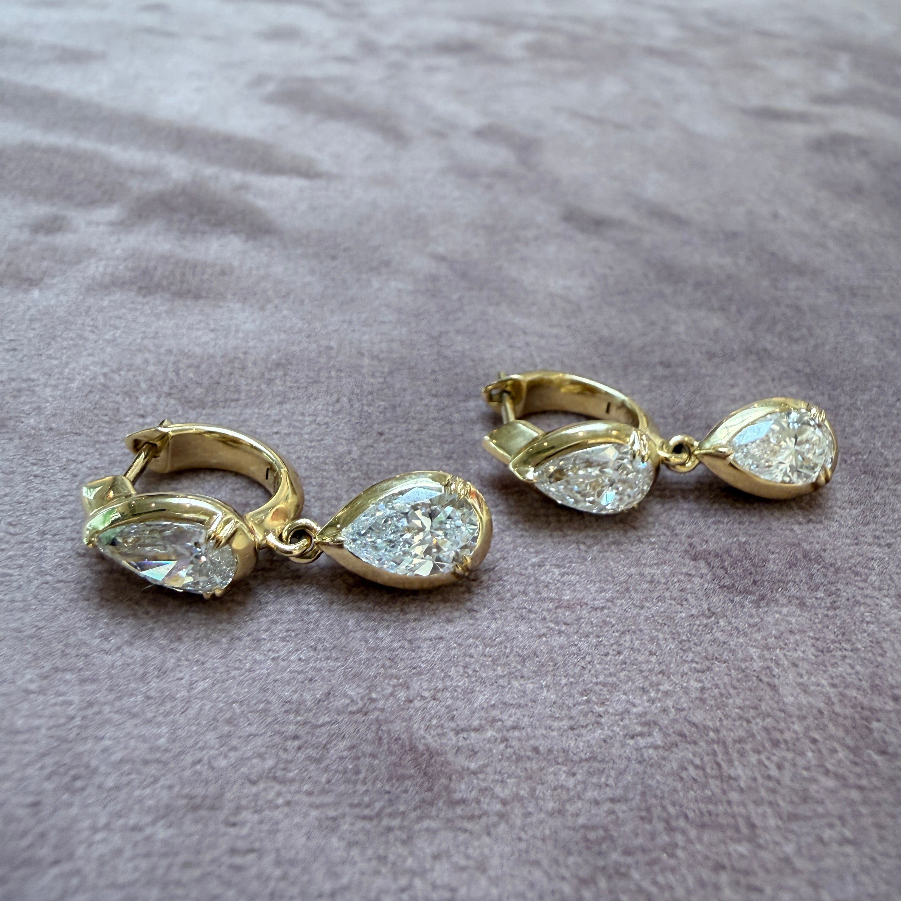 14k Yellow Gold Double Pear Diamond Drop Huggie Earrings