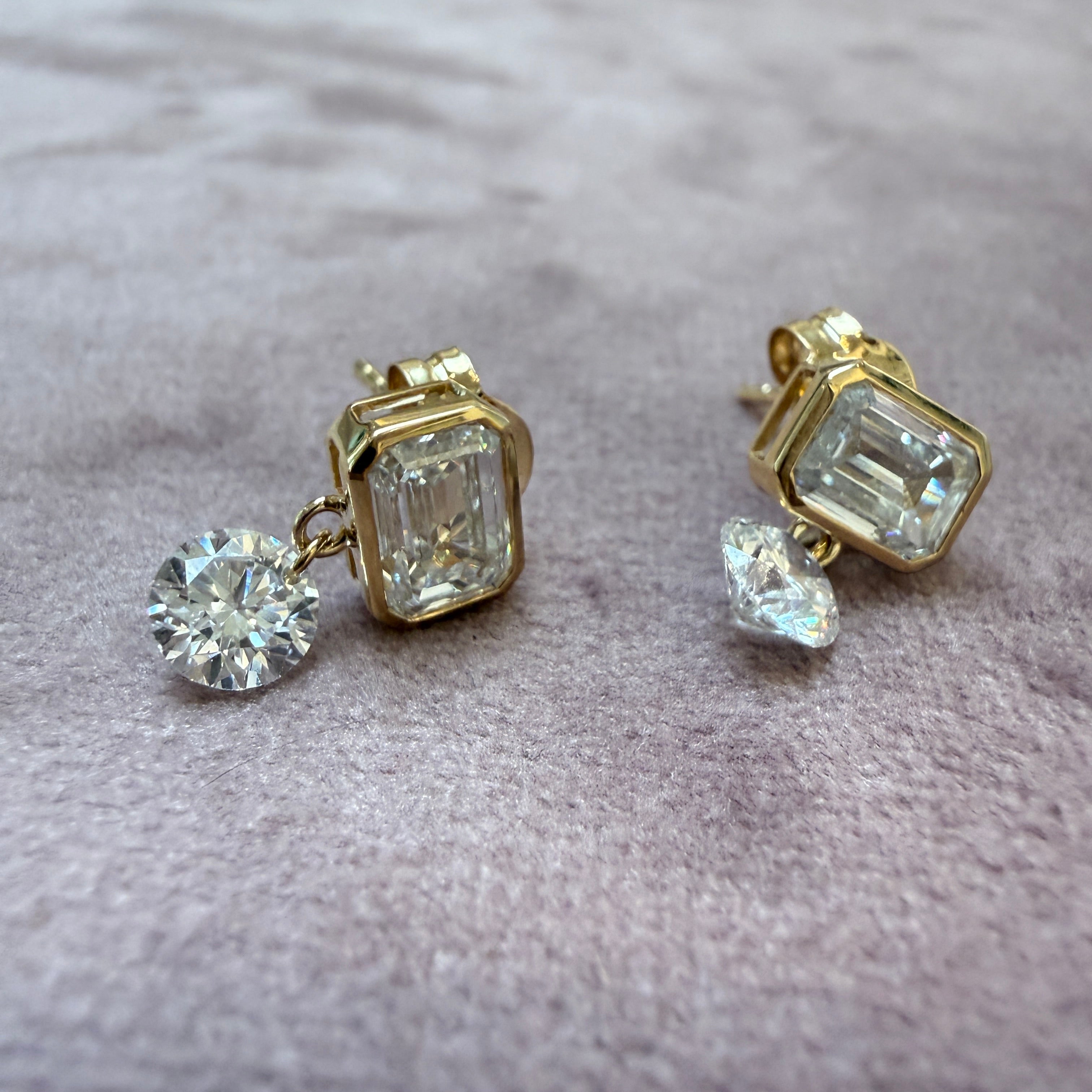14k Yellow Gold Emerald Cut Diamond Dangle Studs