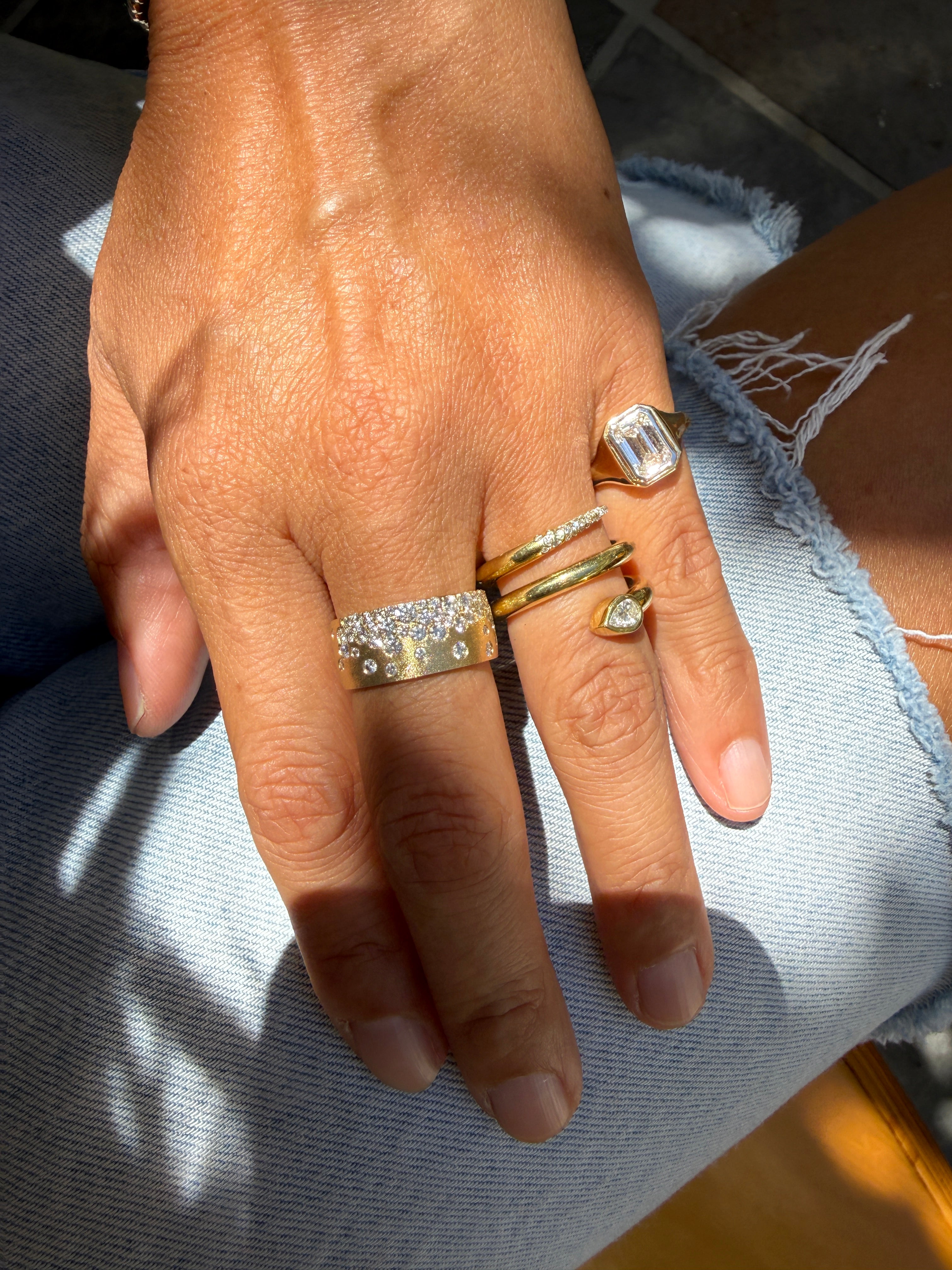 14k Satin Yellow Gold Celestial Stardust Diamond Cigar Band Ring