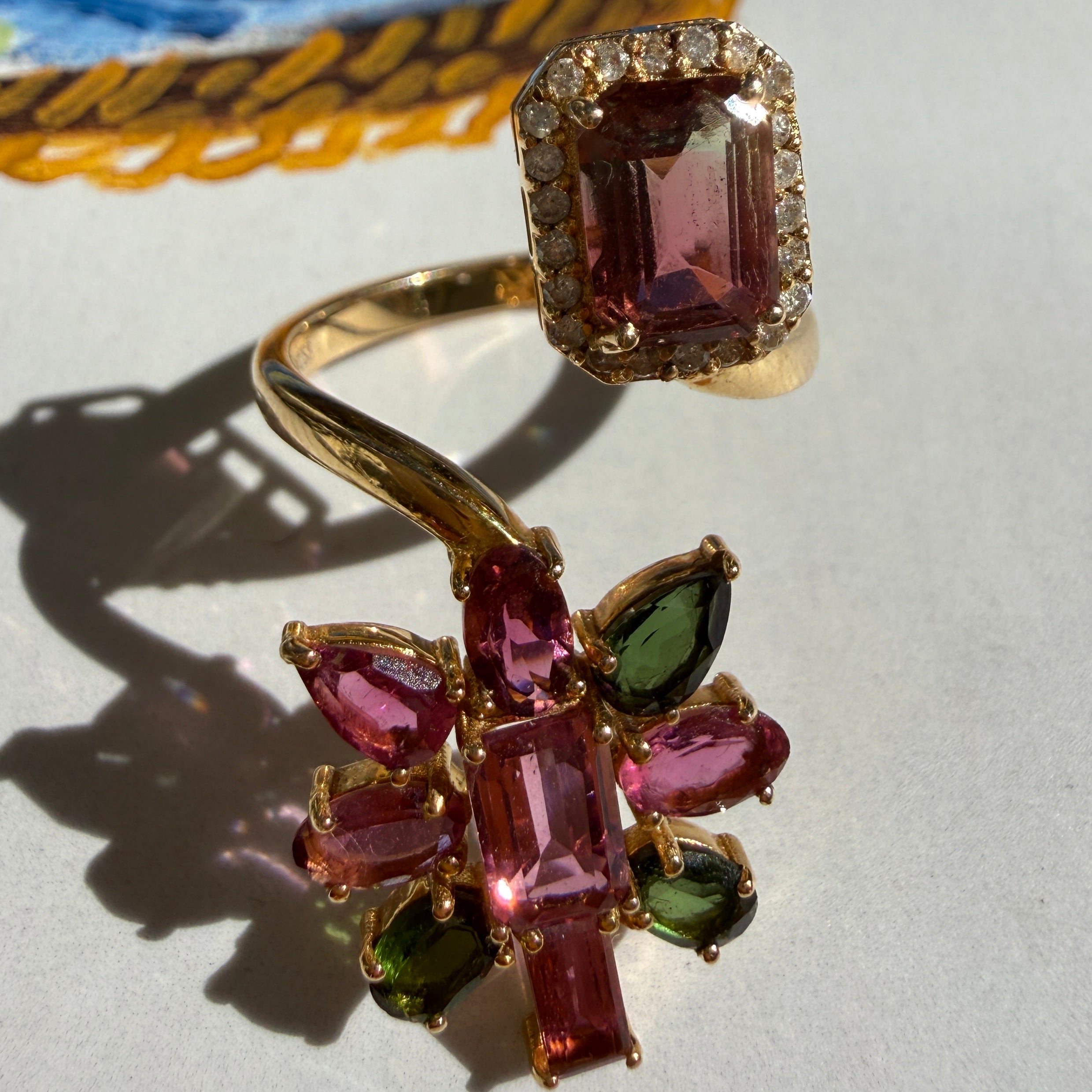 14k Yellow Gold Floral Cluster Tourmaline & Diamond Wrap Ring