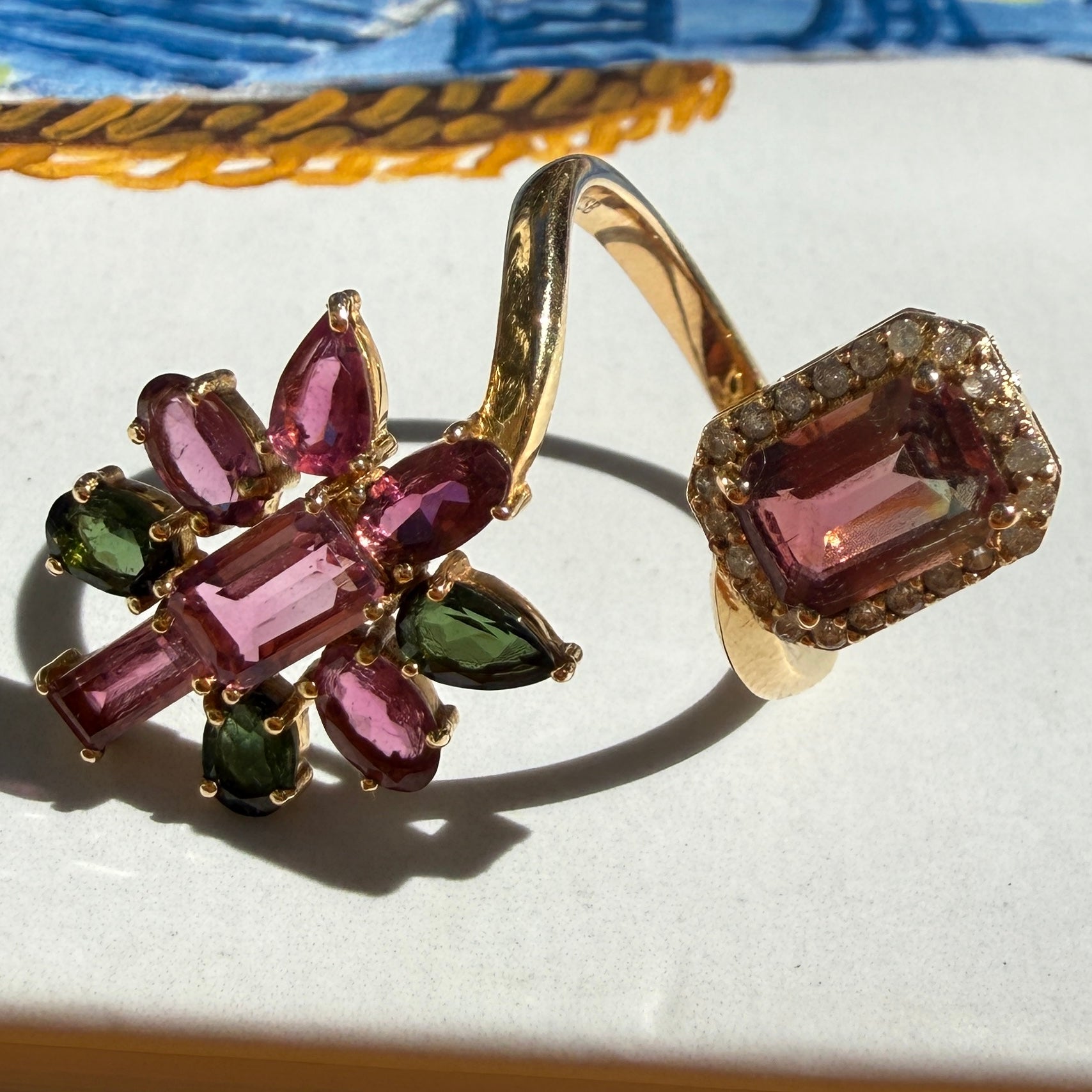 14k Yellow Gold Floral Cluster Tourmaline & Diamond Wrap Ring