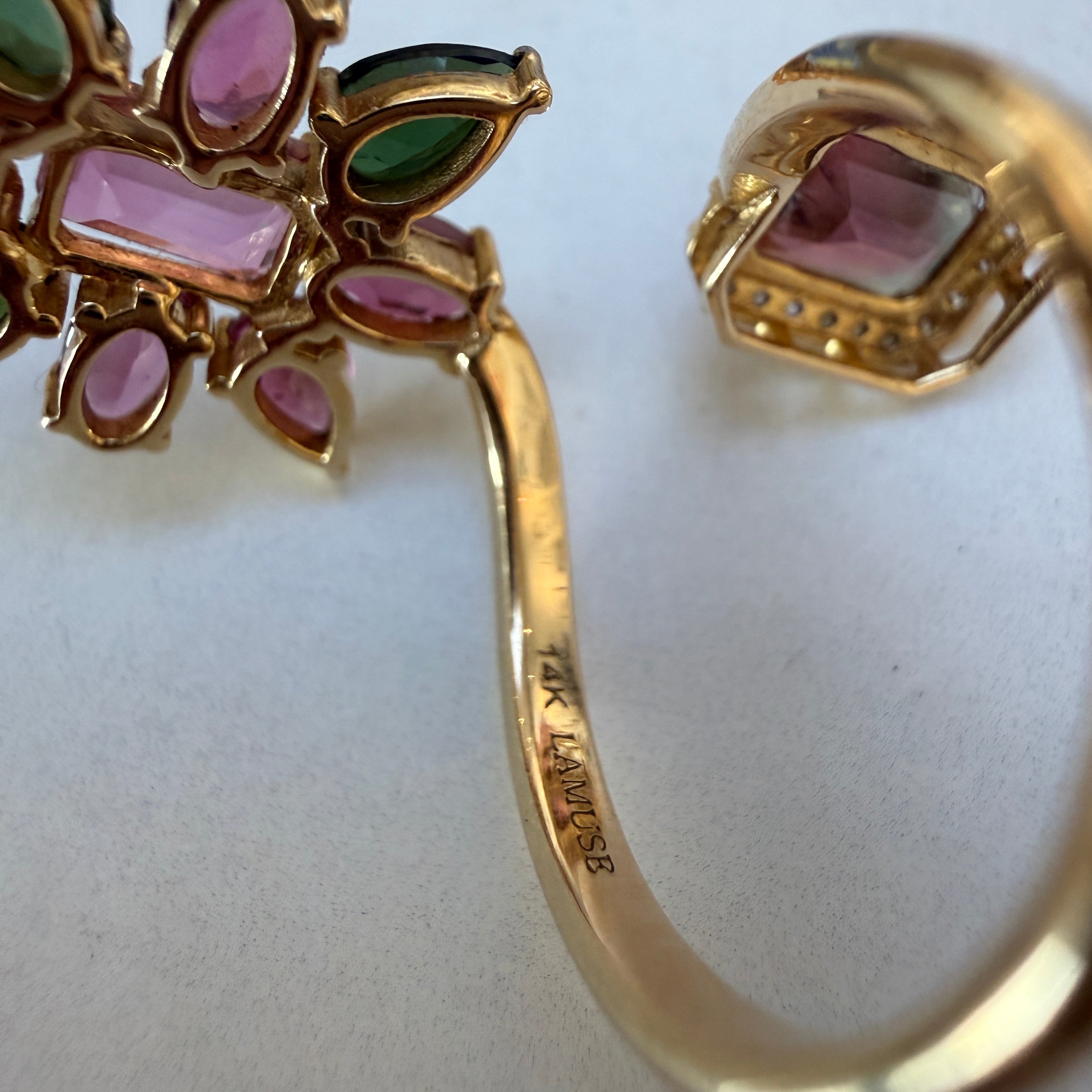 14k Yellow Gold Floral Cluster Tourmaline & Diamond Wrap Ring