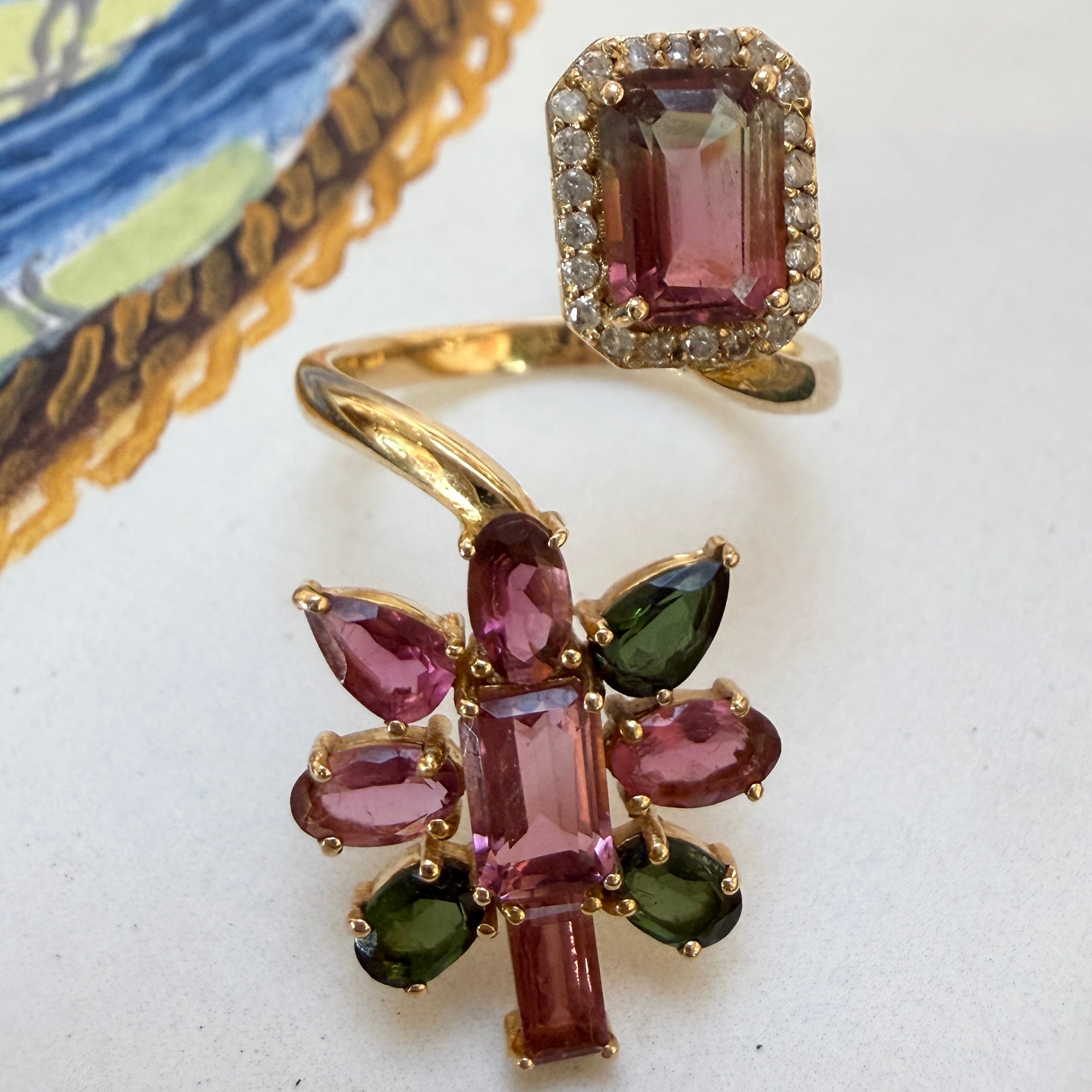 14k Yellow Gold Floral Cluster Tourmaline & Diamond Wrap Ring