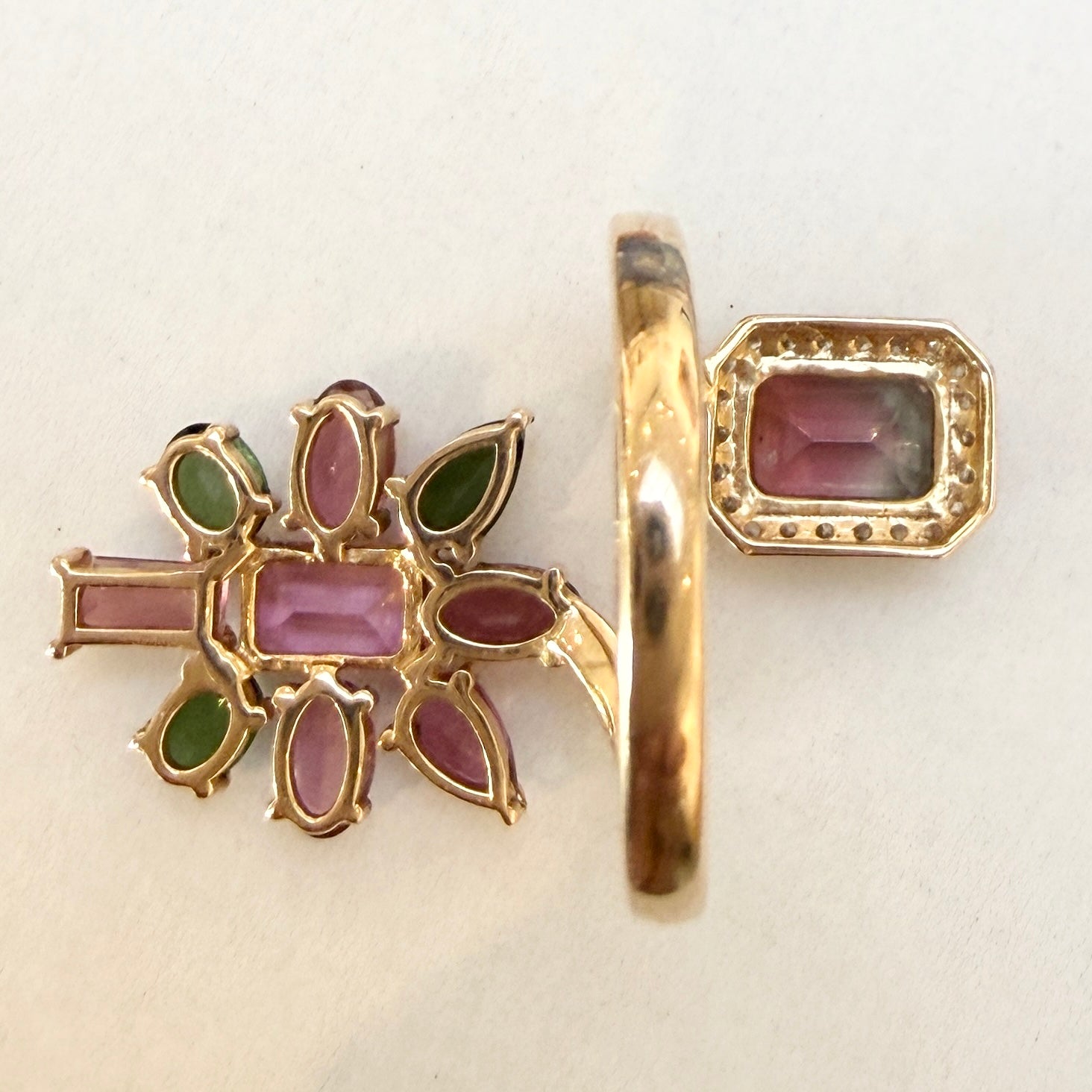 14k Yellow Gold Floral Cluster Tourmaline & Diamond Wrap Ring