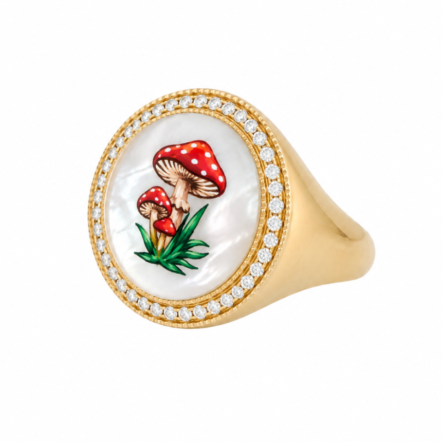 Jacquie Aiche Pavé Hand Painted Red Mushroom on Mother of Pearl Signet Ring