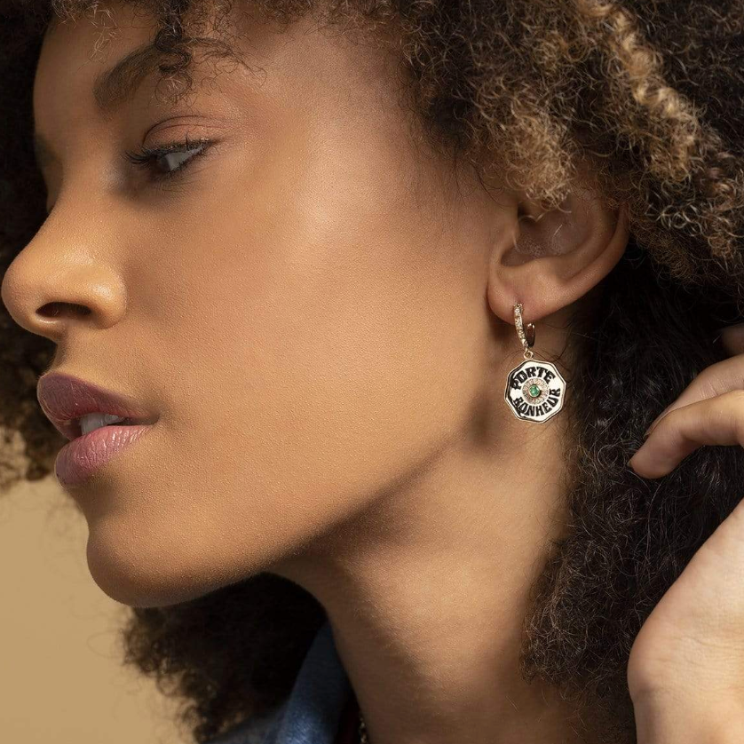 Marlo Laz Porte Bonheur Emerald & Enamel Coin Earrings in 14k Yellow Gold