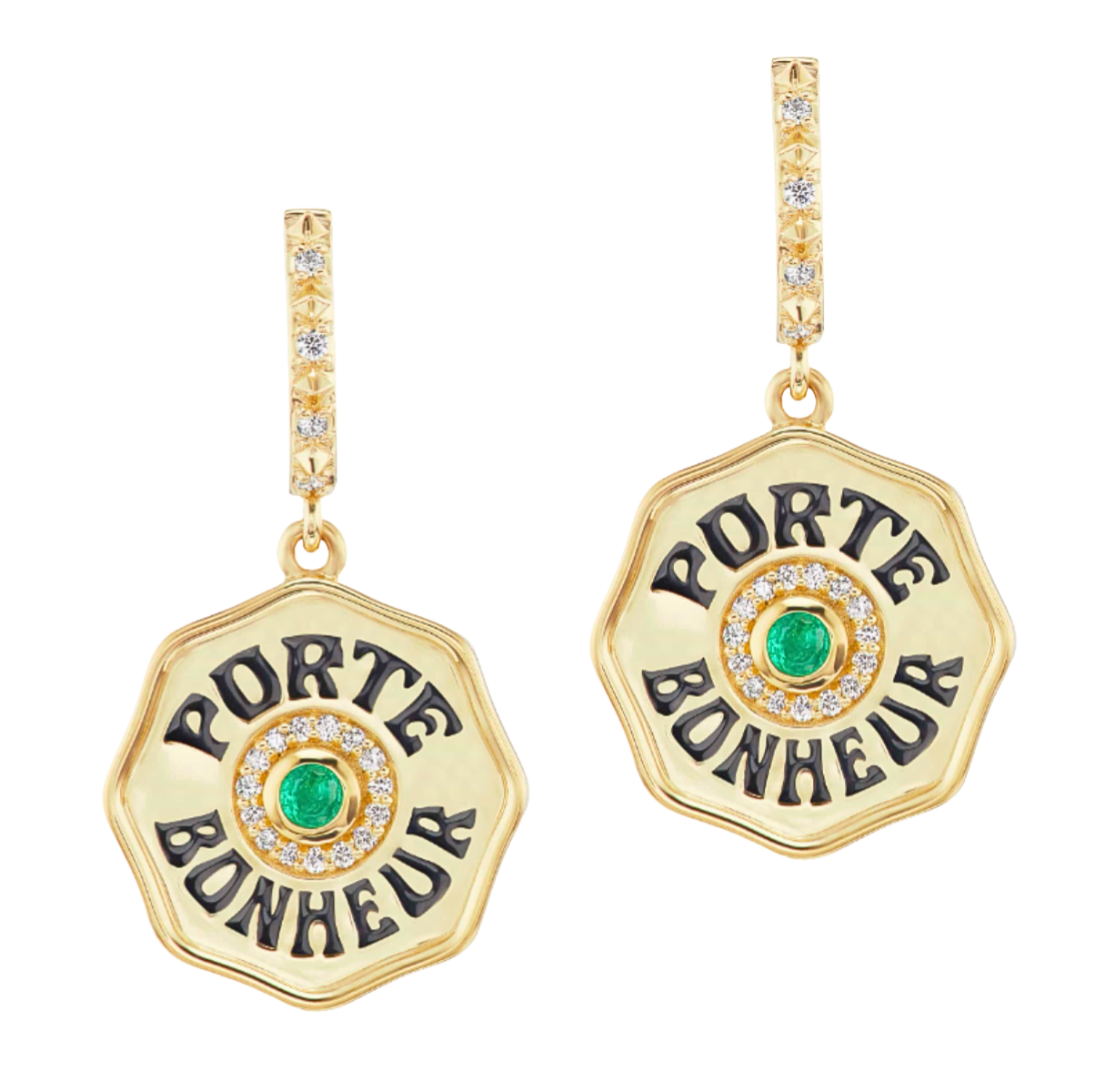Marlo Laz Porte Bonheur Emerald & Enamel Coin Earrings in 14k Yellow Gold
