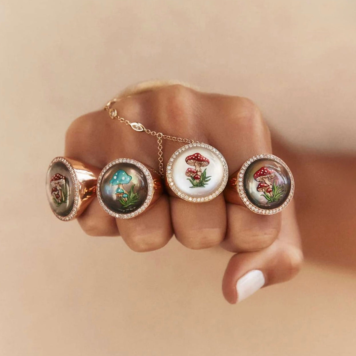 Jacquie Aiche Pavé Hand Painted Red Mushroom on Mother of Pearl Signet Ring