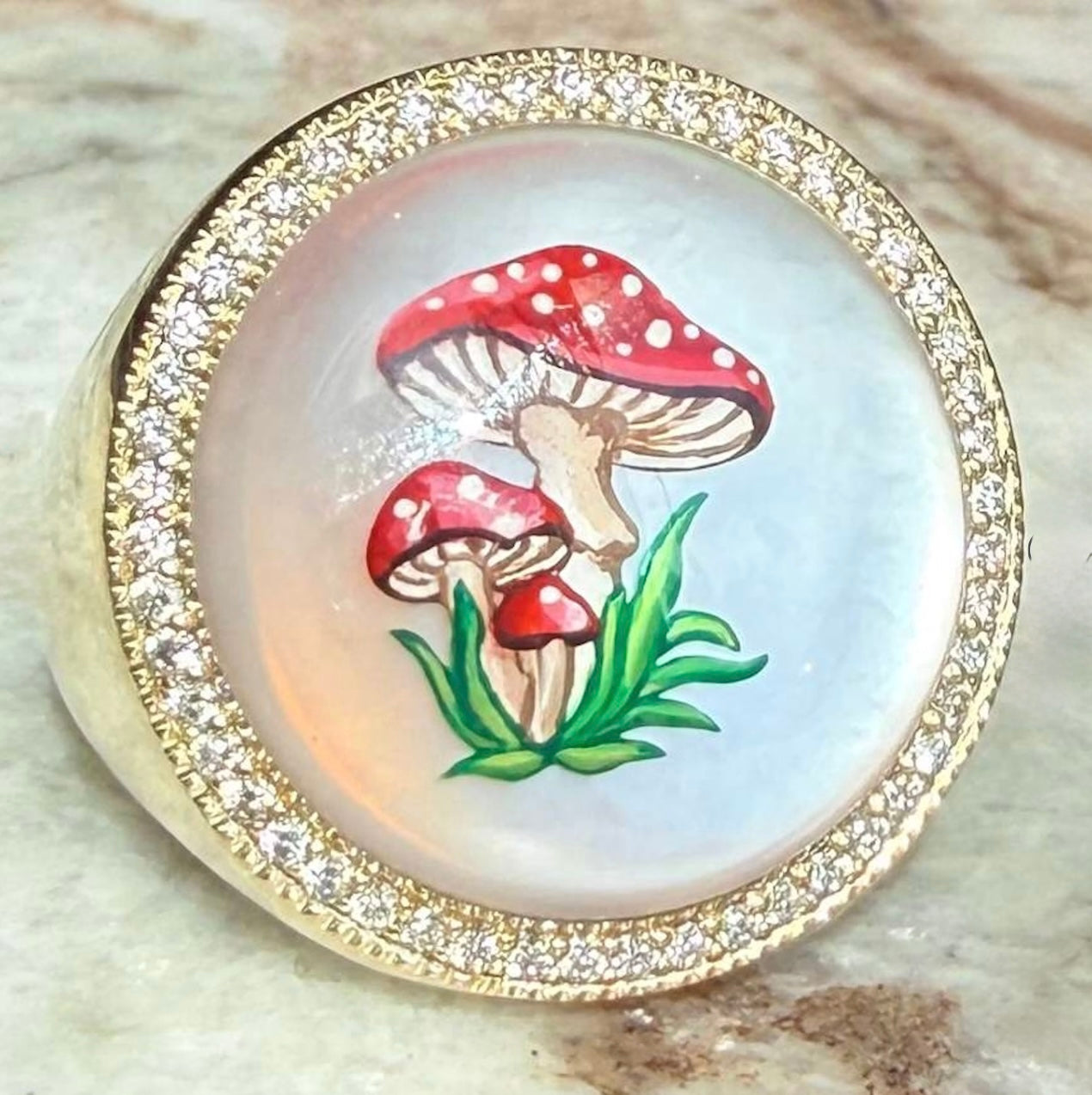 Jacquie Aiche Pavé Hand Painted Red Mushroom on Mother of Pearl Signet Ring