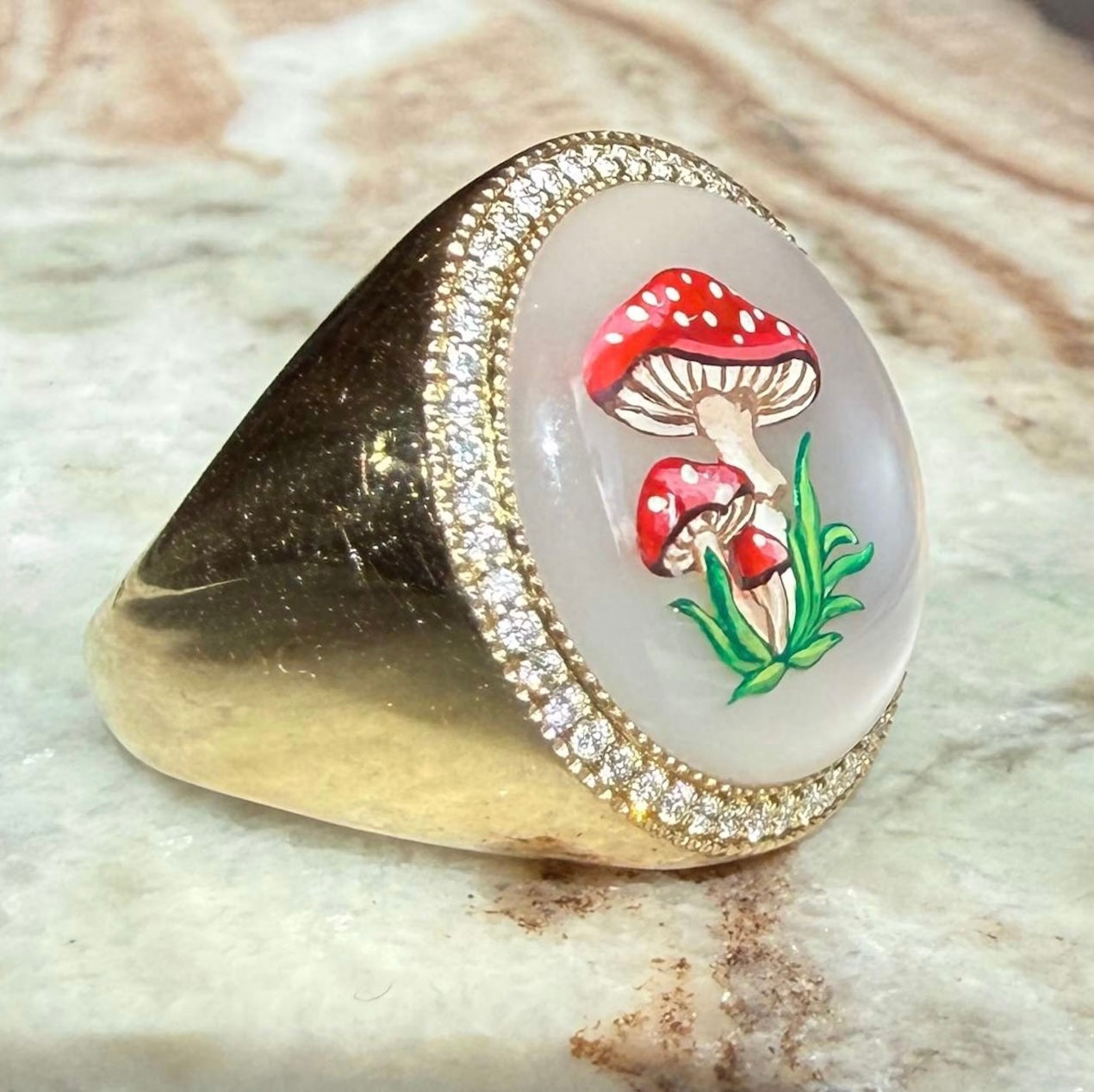 Jacquie Aiche Pavé Hand Painted Red Mushroom on Mother of Pearl Signet Ring