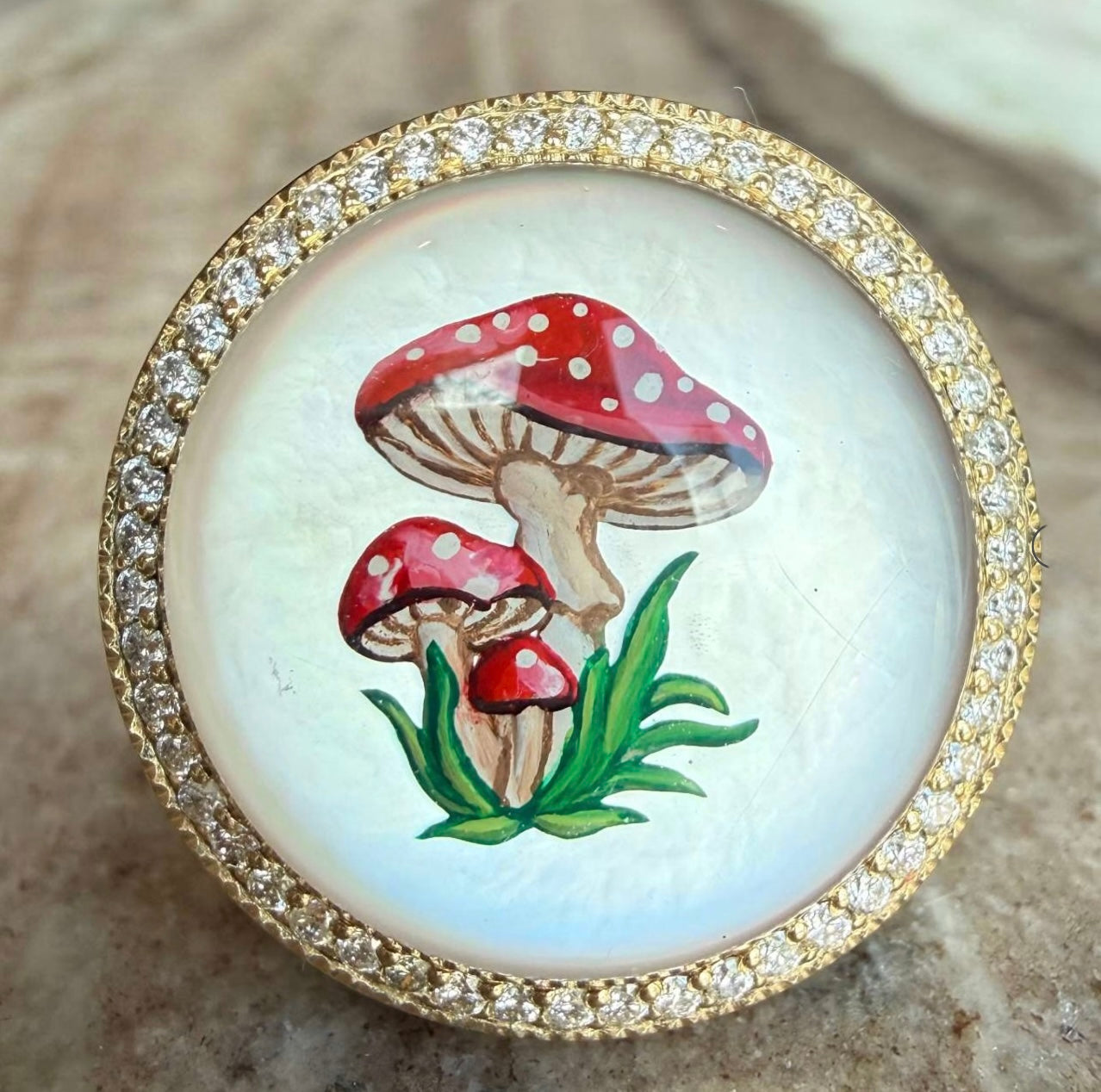 Jacquie Aiche Pavé Hand Painted Red Mushroom on Mother of Pearl Signet Ring
