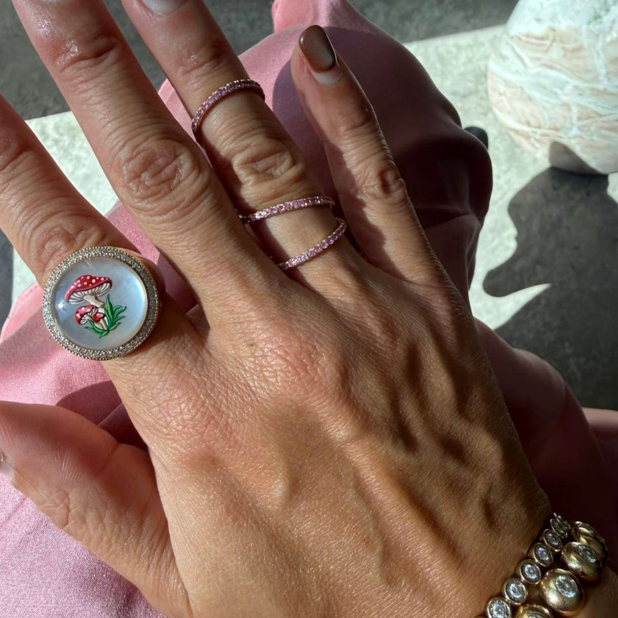 Jacquie Aiche Pavé Hand Painted Red Mushroom on Mother of Pearl Signet Ring