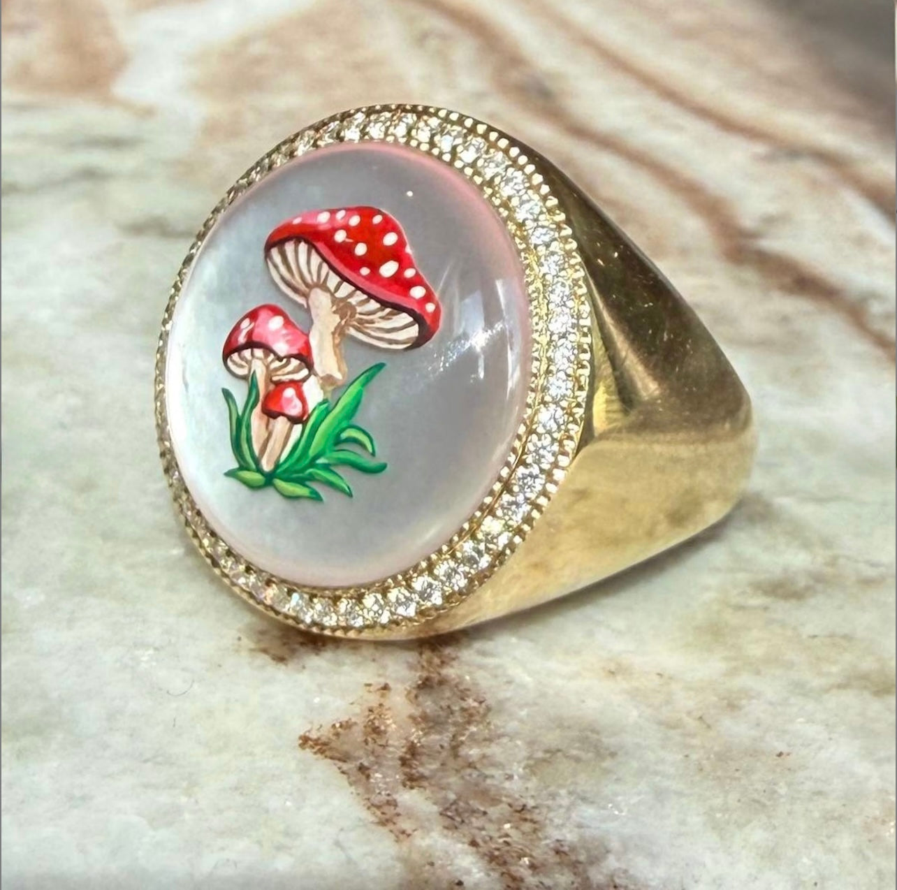 Jacquie Aiche Pavé Hand Painted Red Mushroom on Mother of Pearl Signet Ring