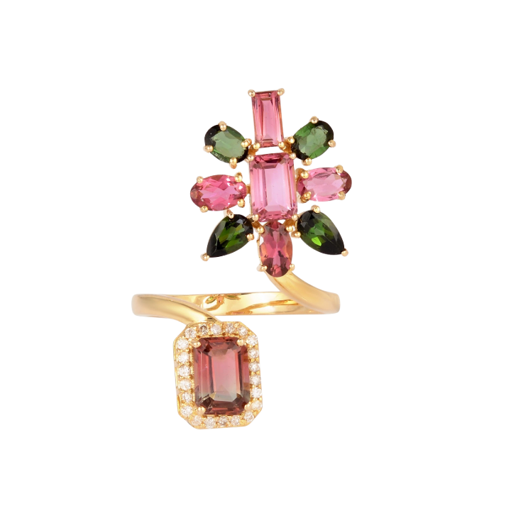 14k Yellow Gold Floral Cluster Tourmaline and Diamond Wrap Ring