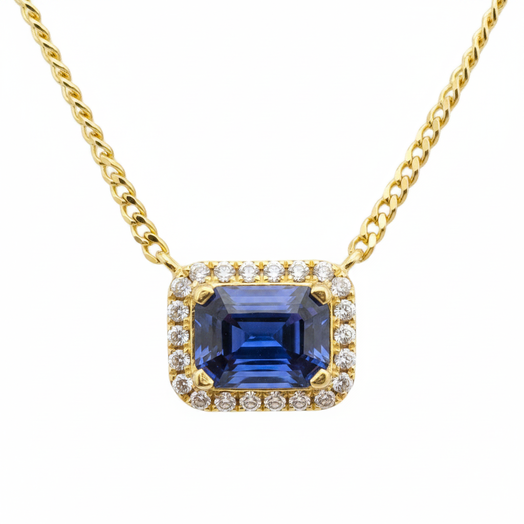 14k Yellow Gold Blue Sapphire and Diamond Pendant Necklace