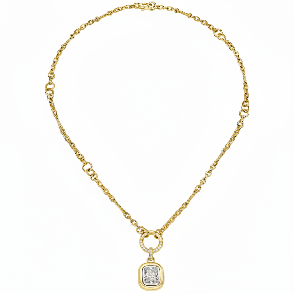14k Yellow Gold Twisted Link Chain Necklace with Two-Tone Cushion Cut Diamond Pendant