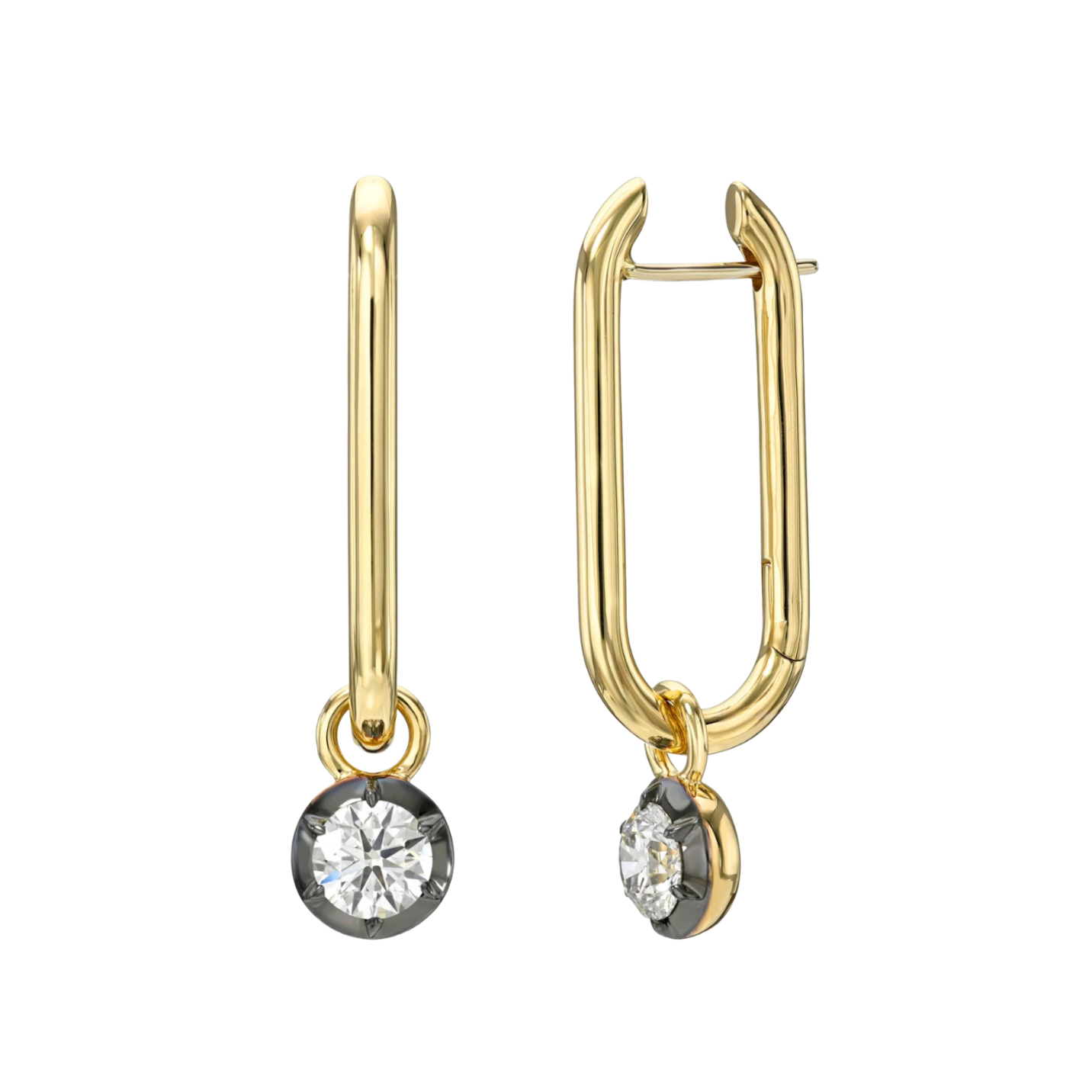 14k Yellow Gold Oval Hoop Earrings with Black Rhodium Round Diamond Drop