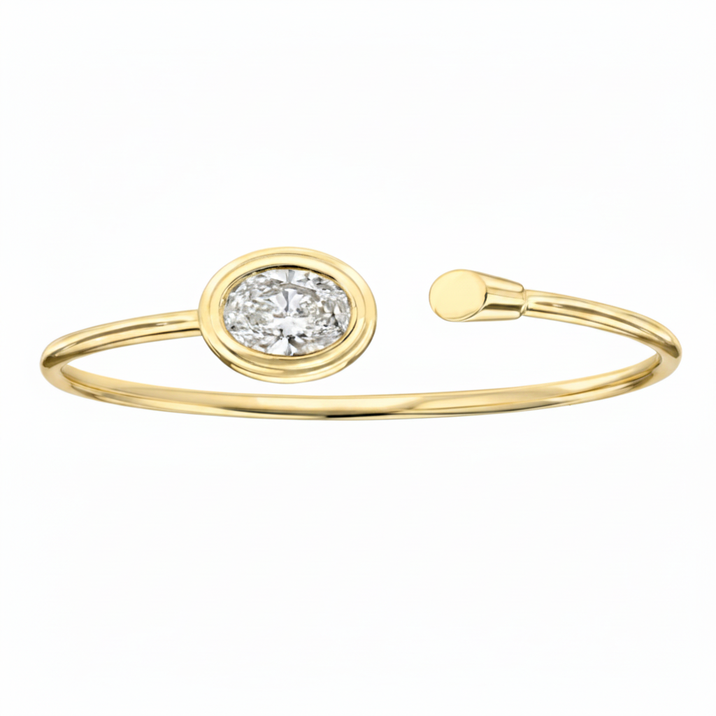 14k Yellow Gold Oval Lab Diamond Open Cuff Bangle