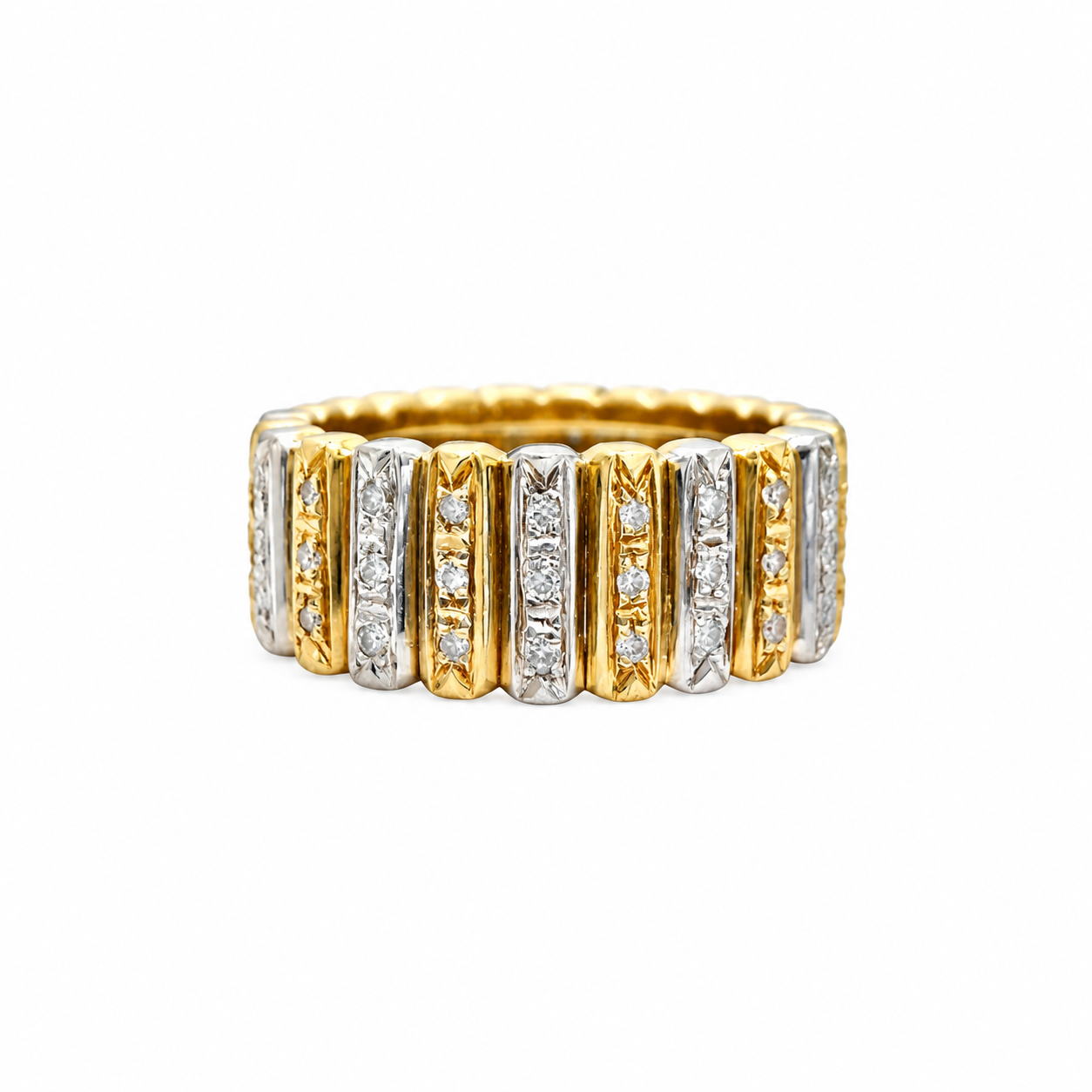 Vintage 18k Two-Tone Gold Diamond Fluted Ribbed Ring