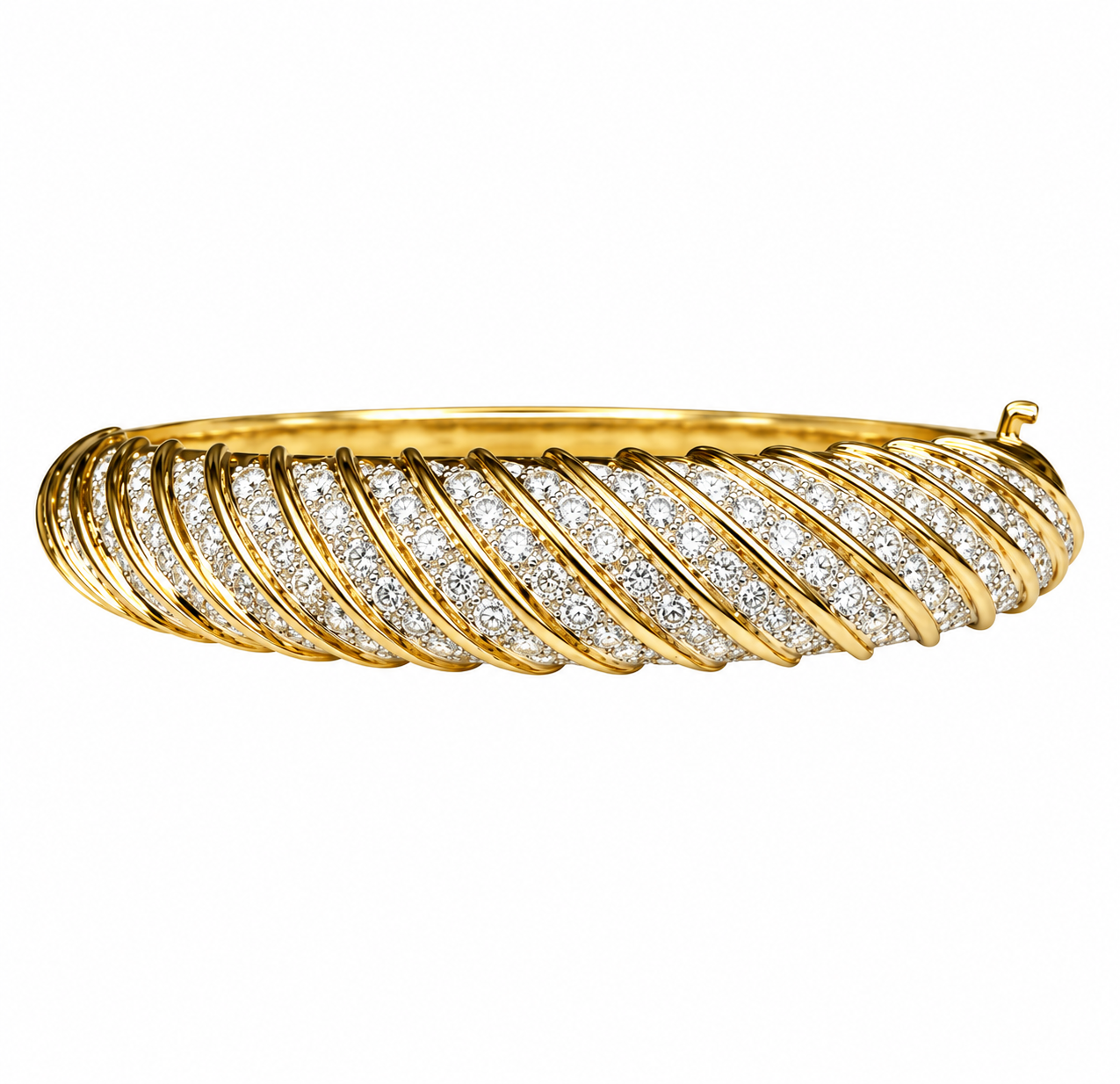 Vintage 18k Yellow Gold Sculpted Diamond Hinged Bangle Bracelet
