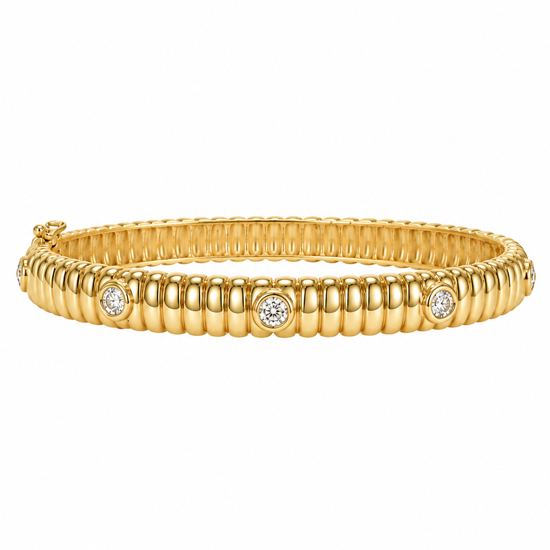 14k Yellow Gold Fluted Diamond Bezel Bangle