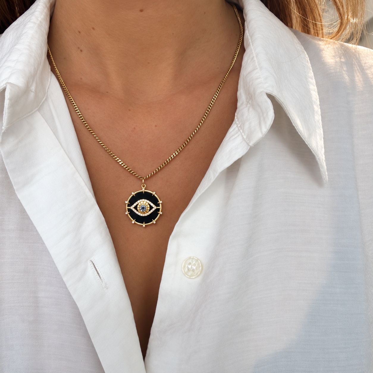 14k Yellow Gold Onyx Evil Eye Diamond & Sapphire Charm