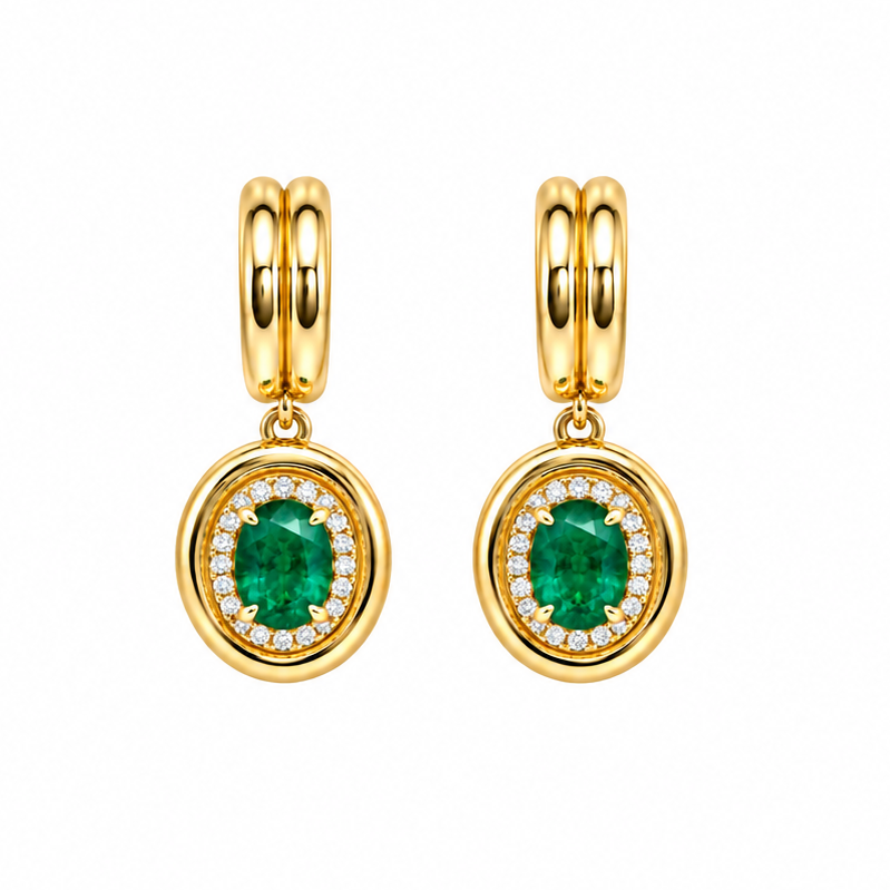 14k Yellow Gold Oval Emerald & Diamond Halo Double Huggie Earrings