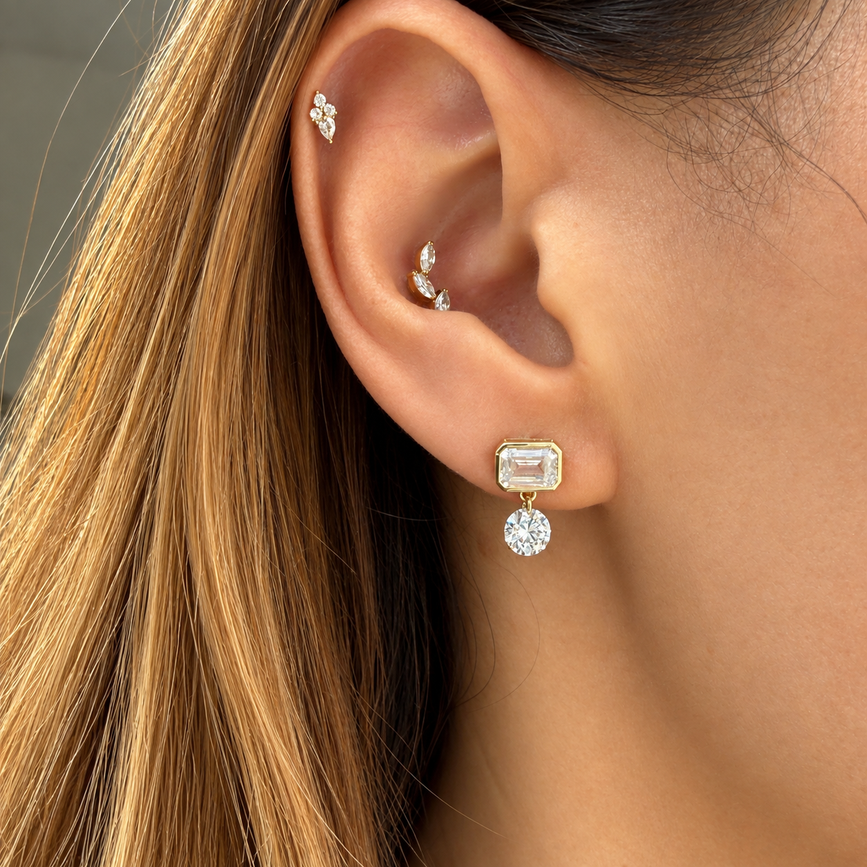 14k Yellow Gold Emerald Cut Diamond Dangle Studs