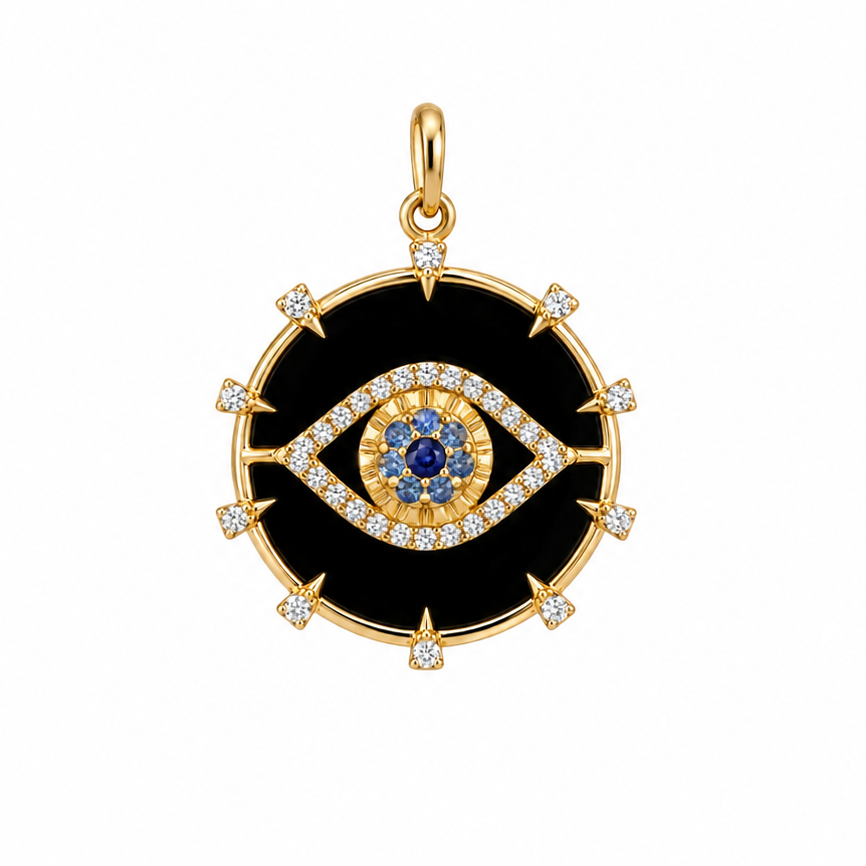14k Yellow Gold Onyx Evil Eye Diamond & Sapphire Charm
