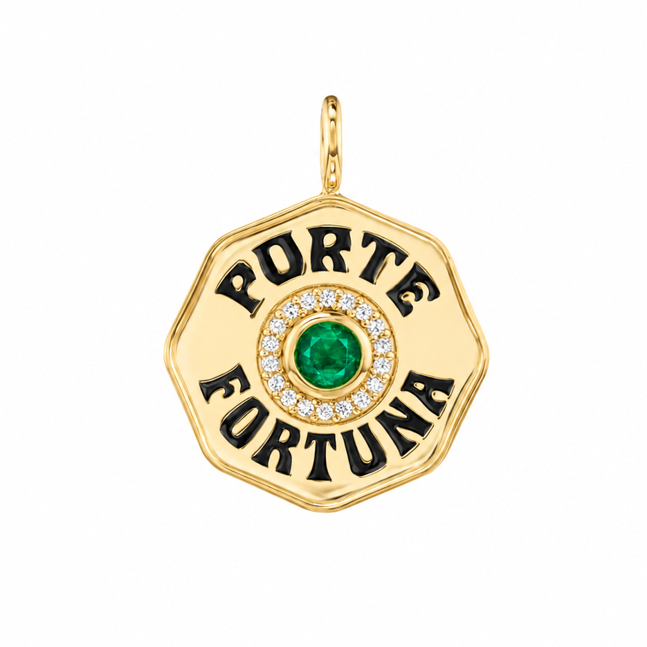 Marlo Laz Large Emerald & Diamond Porta Fortuna Charm in 14k Yellow Gold