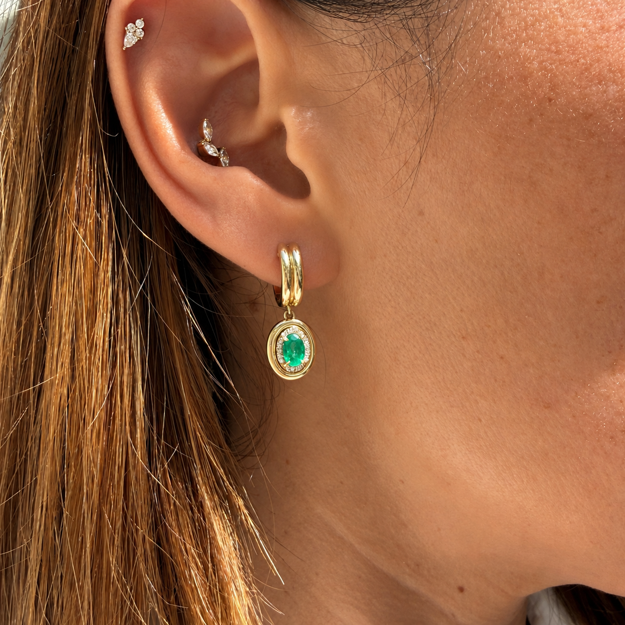 14k Yellow Gold Oval Emerald & Diamond Halo Double Huggie Earrings