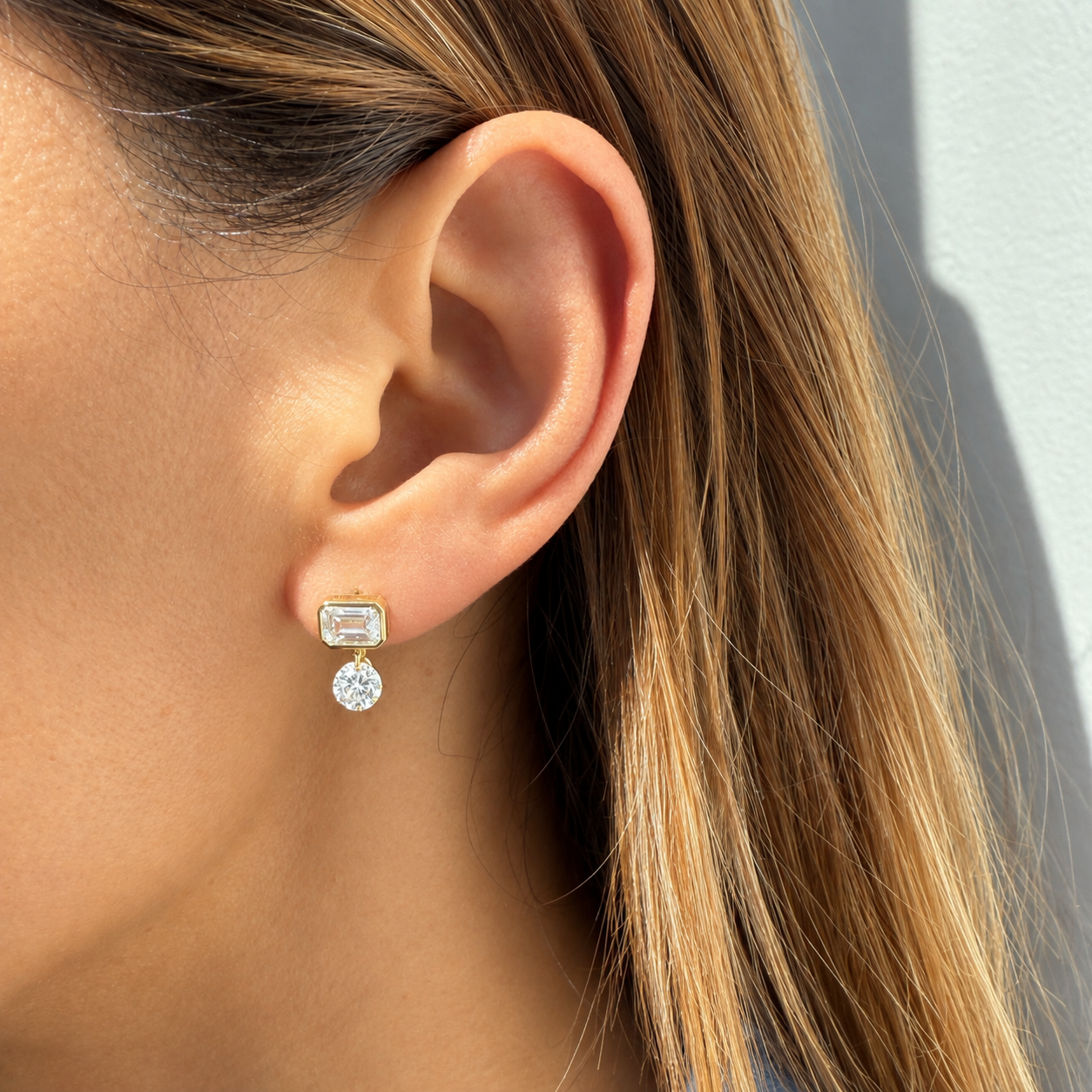 14k Yellow Gold Emerald Cut Diamond Dangle Studs