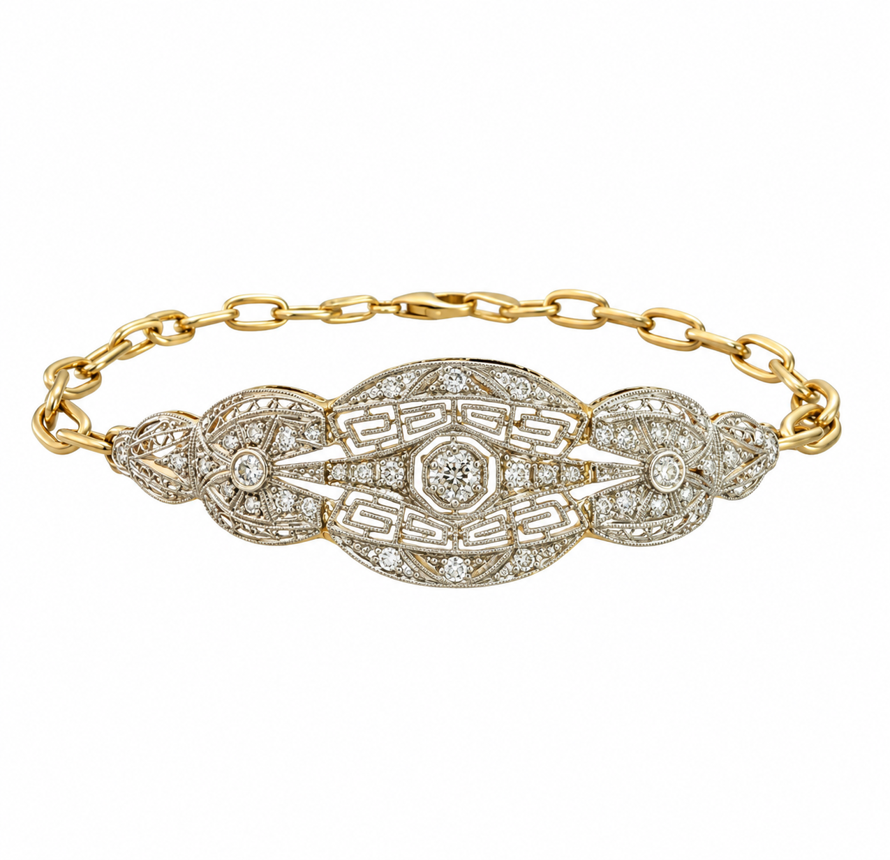 Antique Platinum and 14k Yellow Gold Diamond Filigree Bracelet