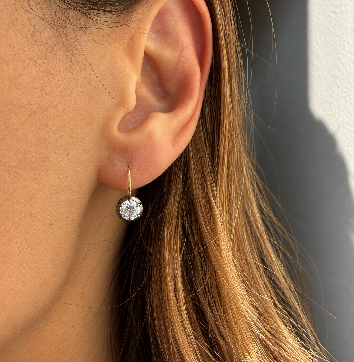 14k Yellow Gold Round Diamond Black Rhodium Wire Earrings