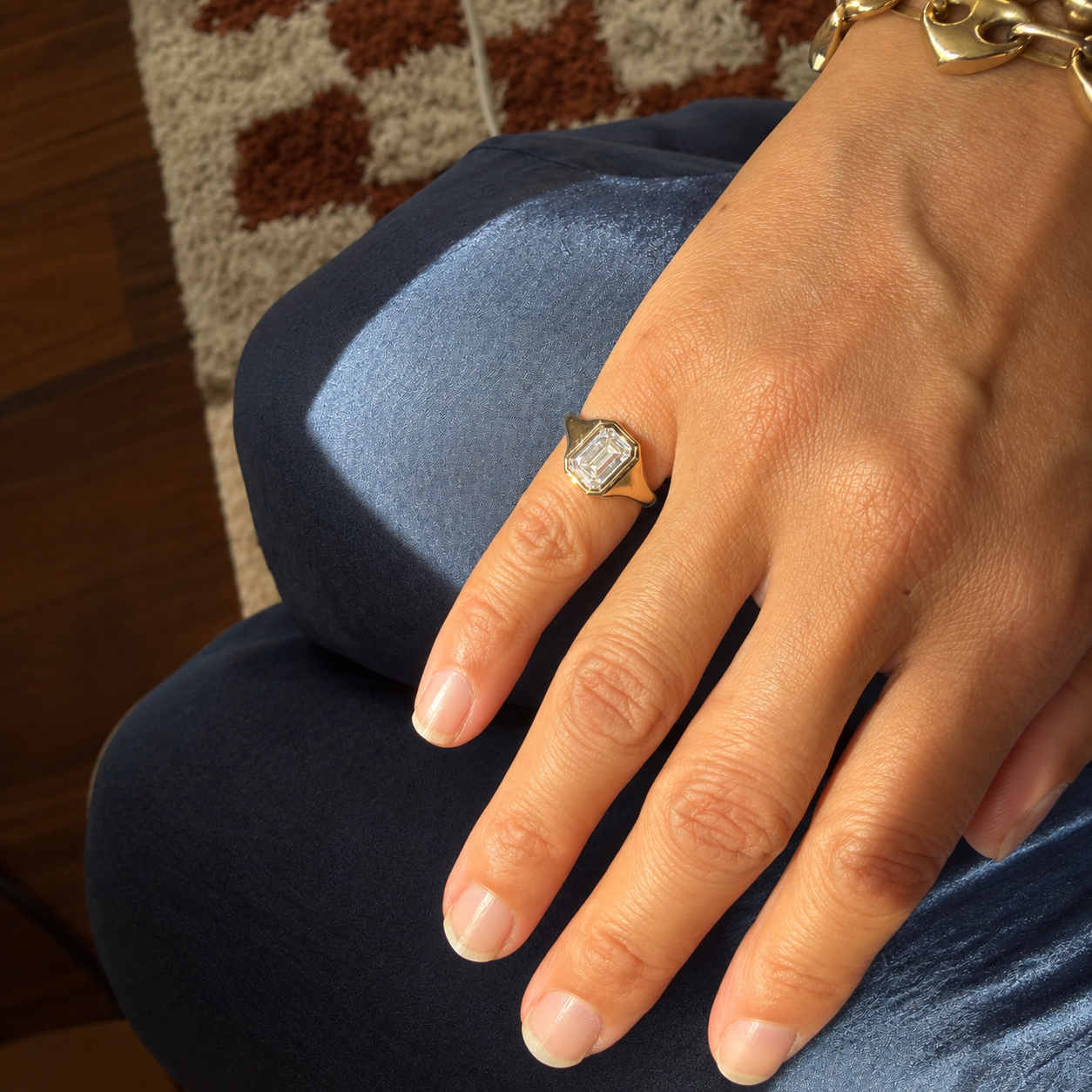 14k Yellow Gold Emerald Cut Diamond Pinkie Ring