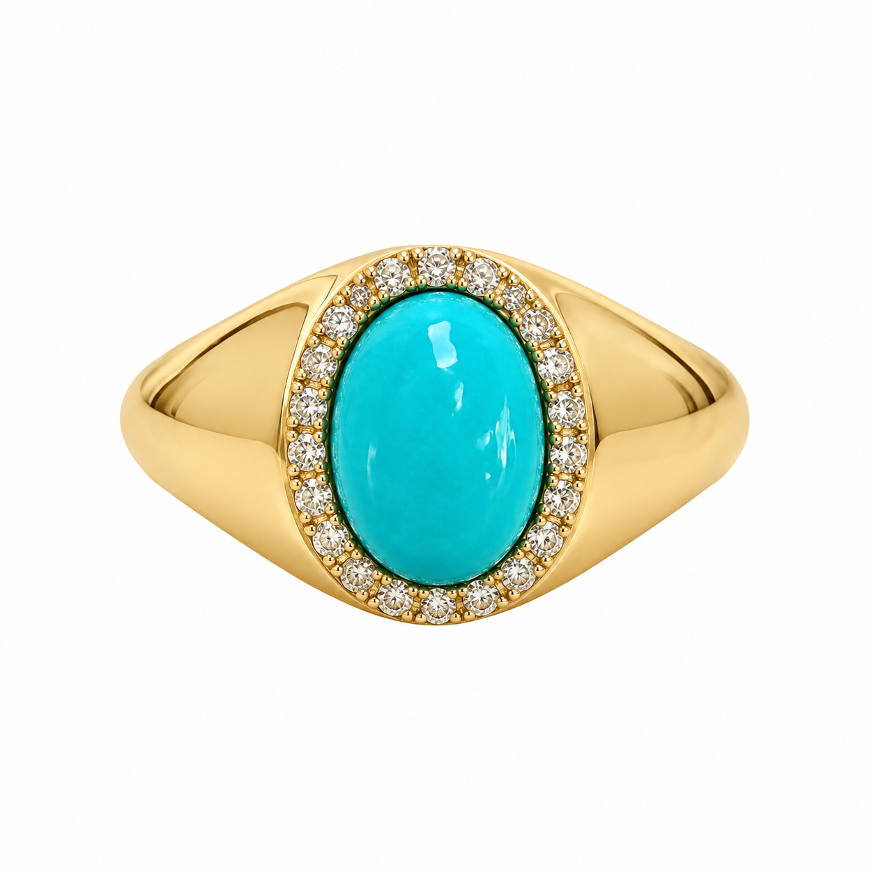 14k Yellow Gold Diamond and Oval Turquoise Cabochon Ring