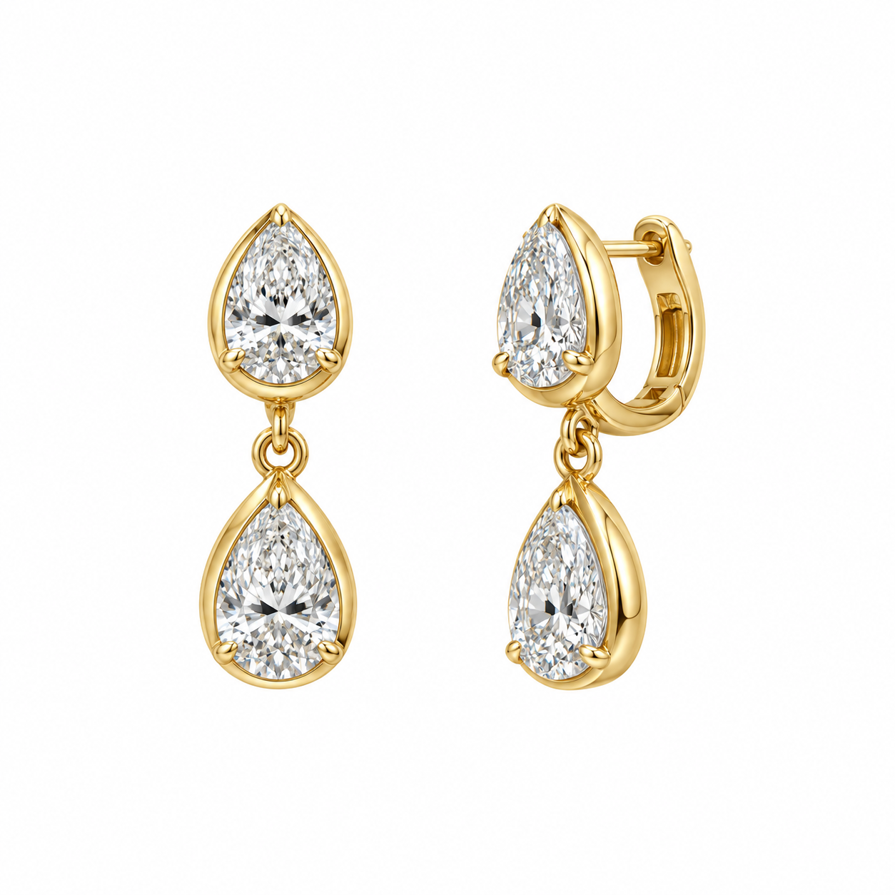 14k Yellow Gold Double Pear Diamond Drop Huggie Earrings
